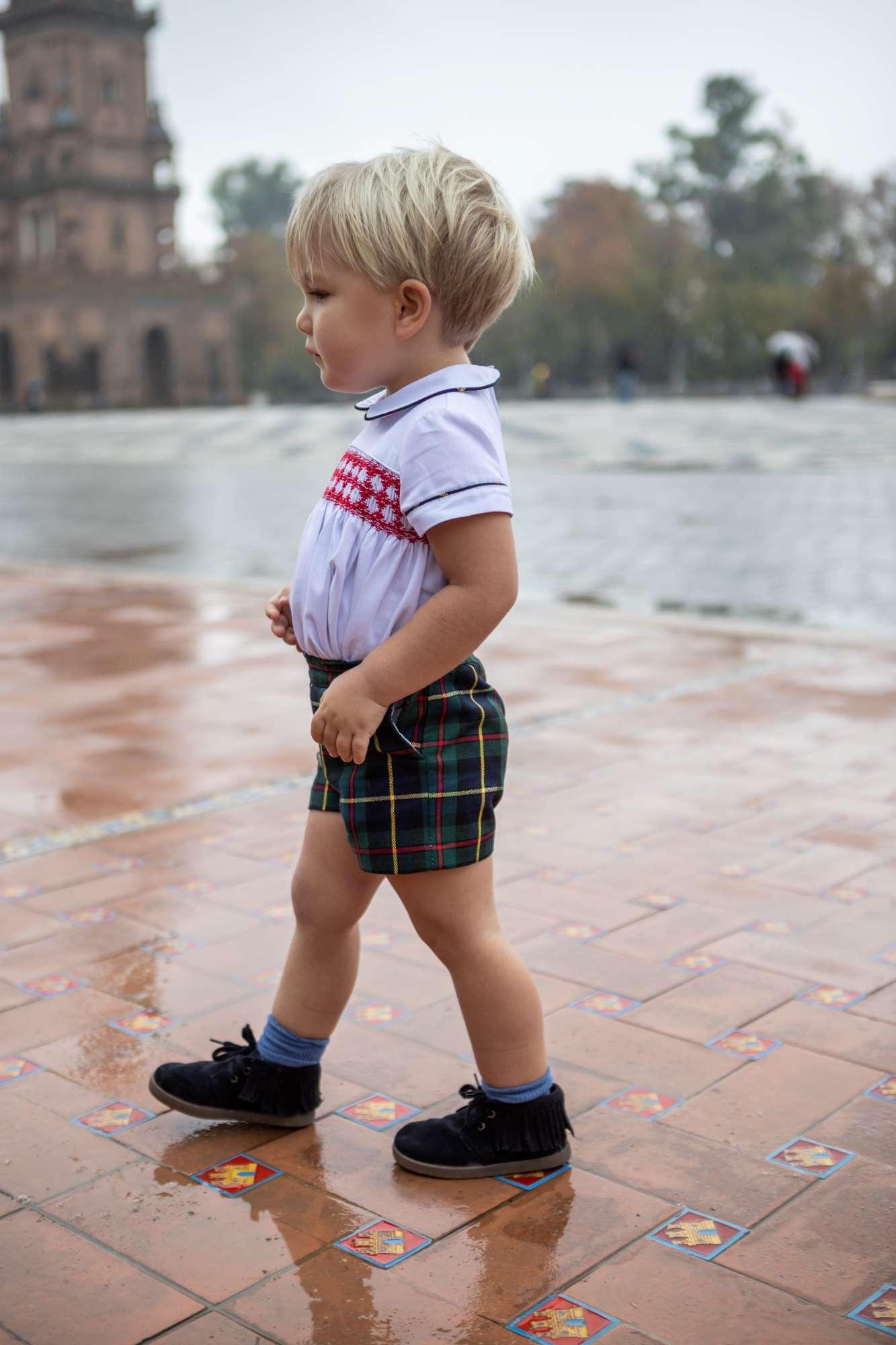 Naxos boys' smocked tartan shirt and shorts set – Spanish designer baby boy outfit