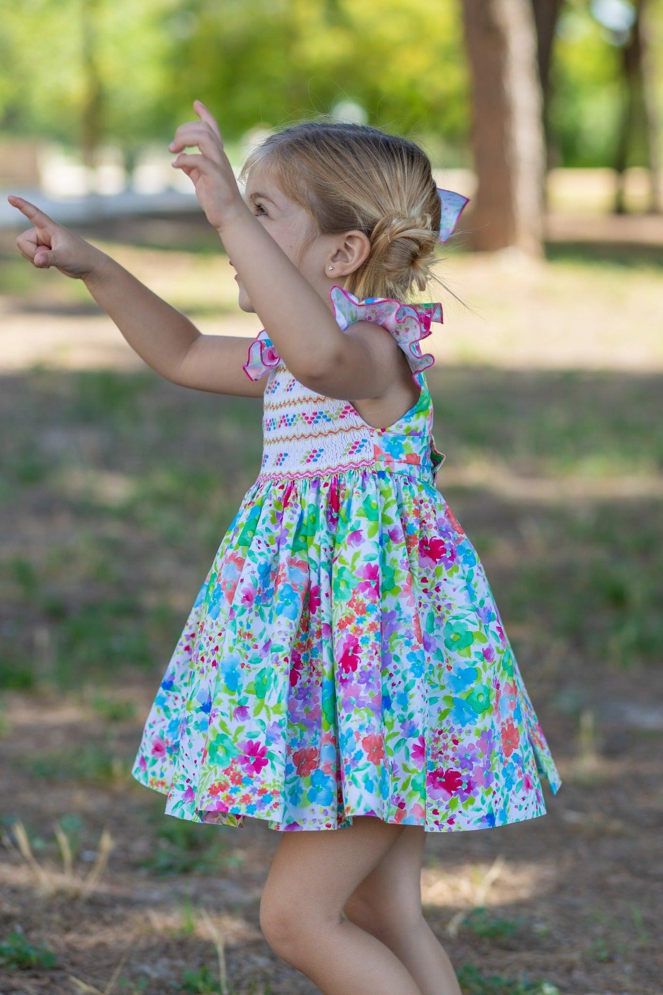 CLEARANCE SALE - NAXOS - Girls Multi Coloured Smock Summer Dress & Headpiece - Mariposa Children's Boutique