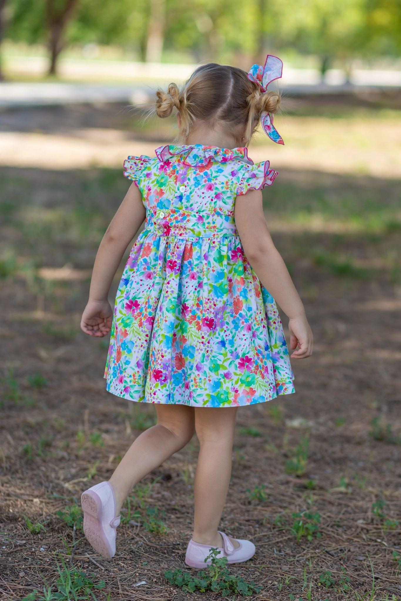 CLEARANCE SALE - NAXOS - Girls Multi Coloured Smock Summer Dress & Headpiece - Mariposa Children's Boutique