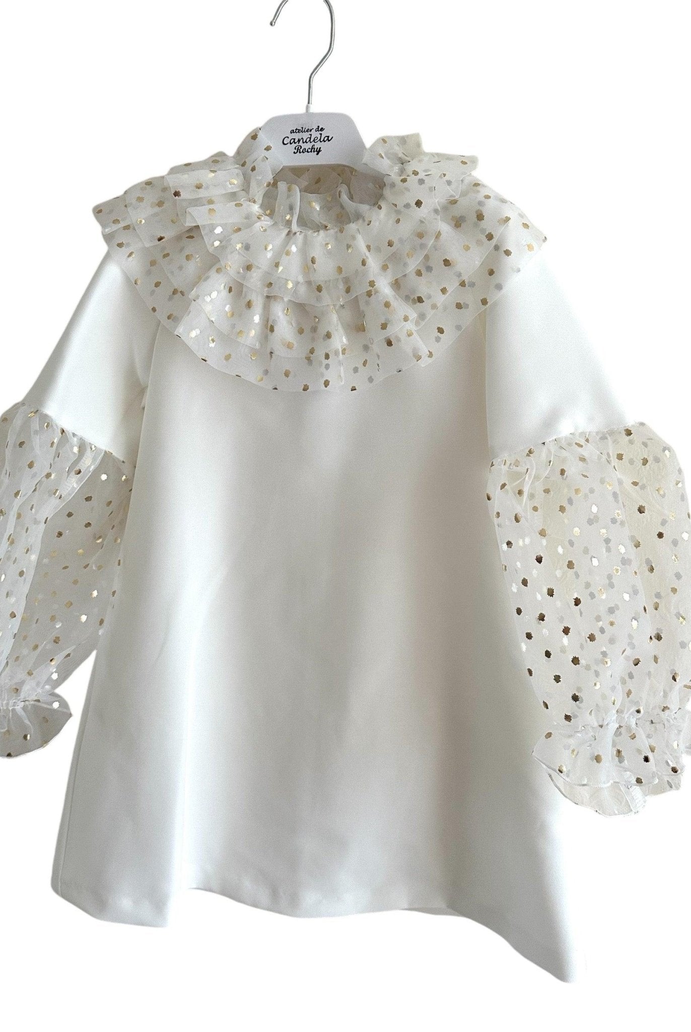 CLEARANCE SALE Rochy - Girls Cream and Gold Glitter Tulle A - Line Dress & Headpiece - Mariposa Children's Boutique