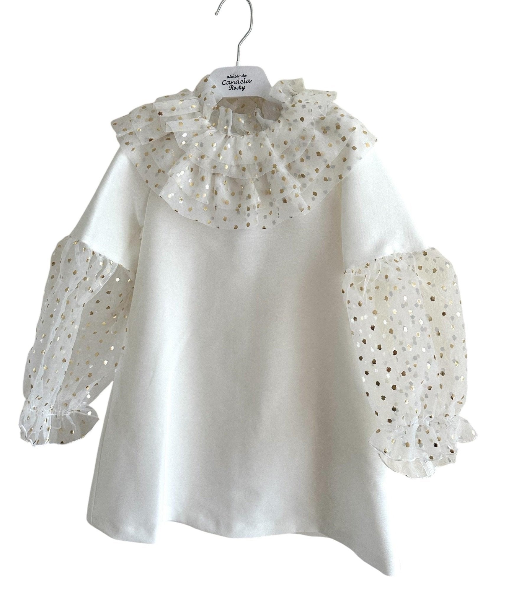 CLEARANCE SALE Rochy - Girls Cream and Gold Glitter Tulle A - Line Dress & Headpiece - Mariposa Children's Boutique