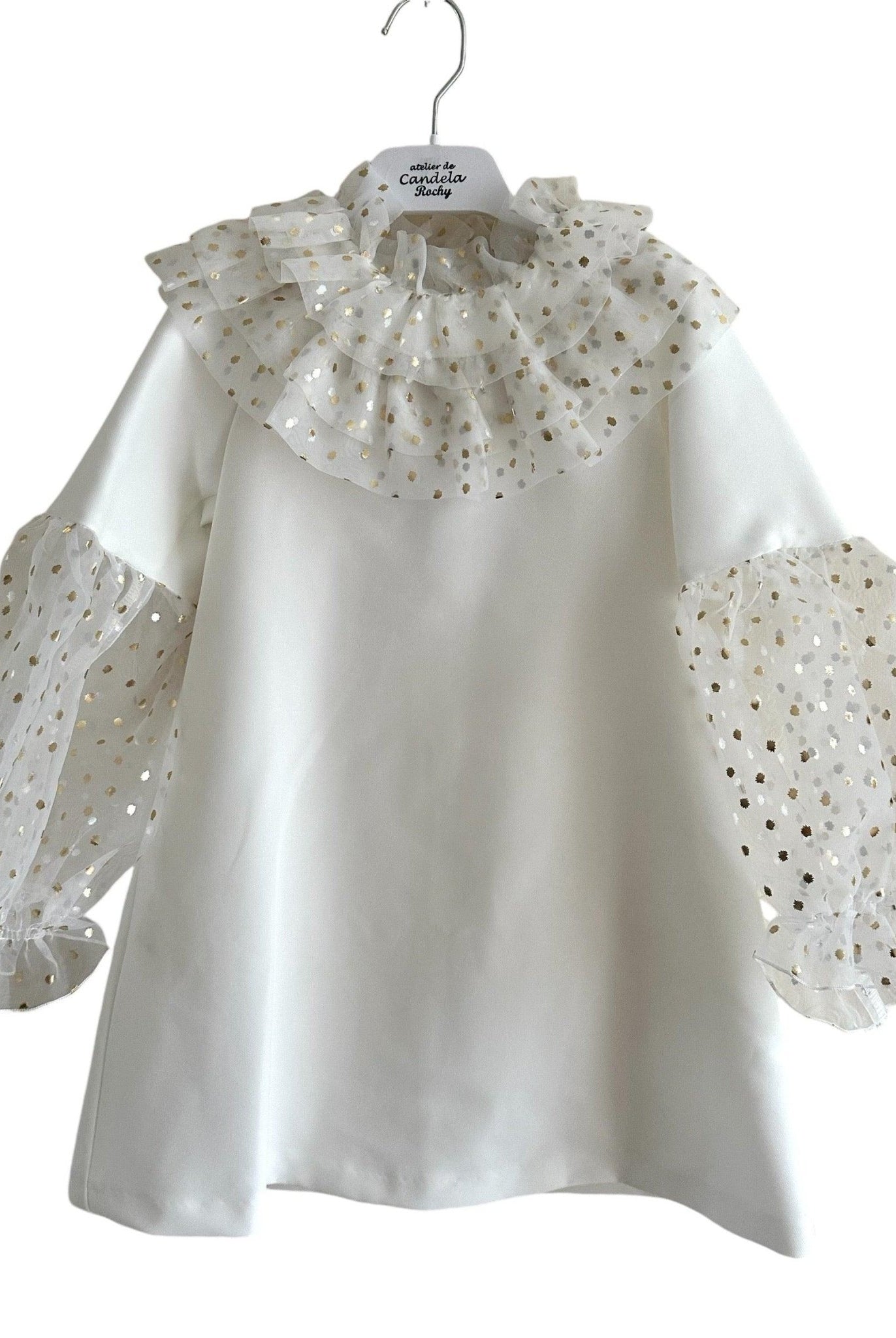CLEARANCE SALE Rochy - Girls Cream and Gold Glitter Tulle A - Line Dress & Headpiece - Mariposa Children's Boutique