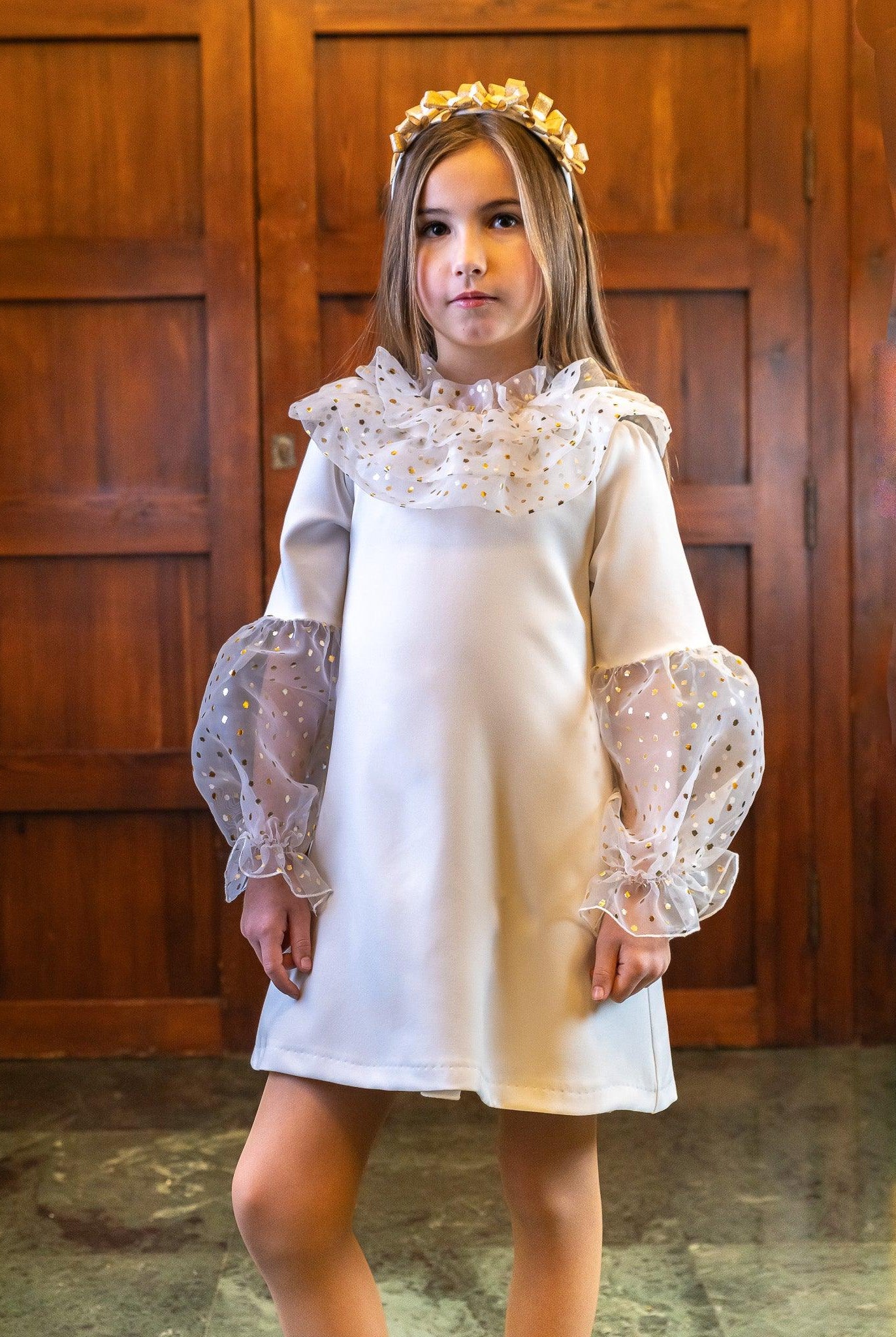 CLEARANCE SALE Rochy - Girls Cream and Gold Glitter Tulle A - Line Dress & Headpiece - Mariposa Children's Boutique