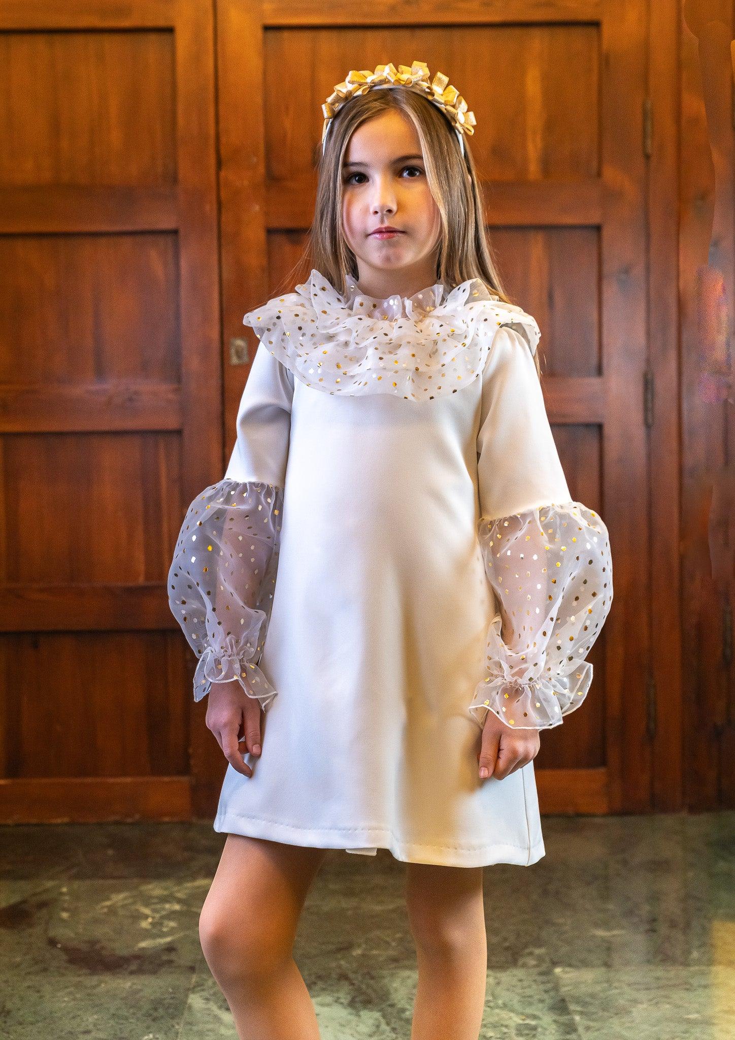 CLEARANCE SALE Rochy - Girls Cream and Gold Glitter Tulle A - Line Dress & Headpiece - Mariposa Children's Boutique