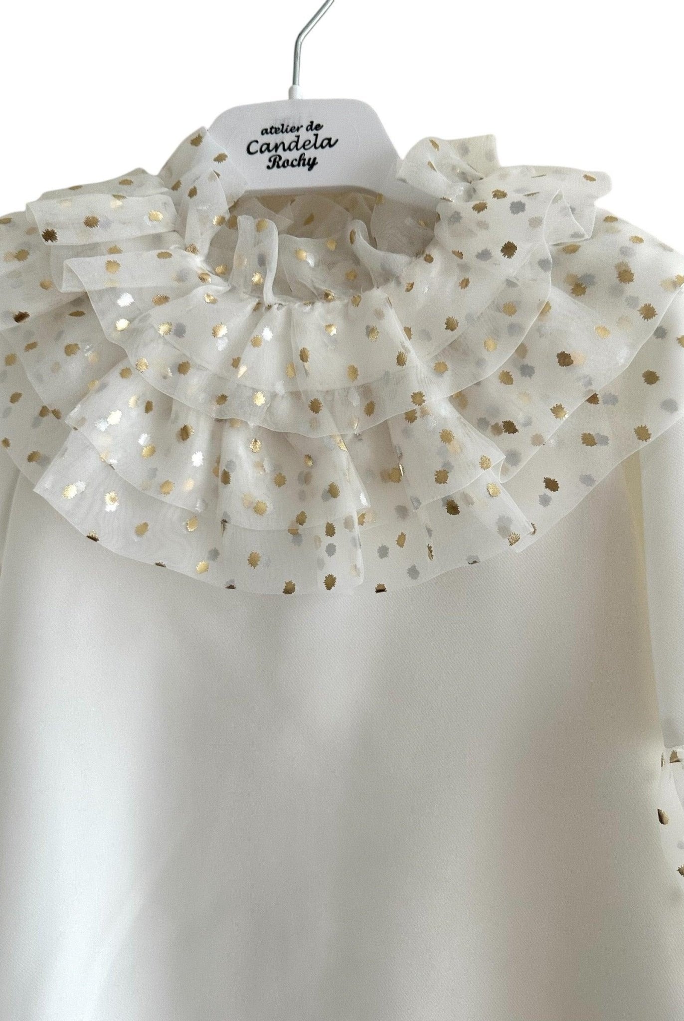 CLEARANCE SALE Rochy - Girls Cream and Gold Glitter Tulle A - Line Dress & Headpiece - Mariposa Children's Boutique