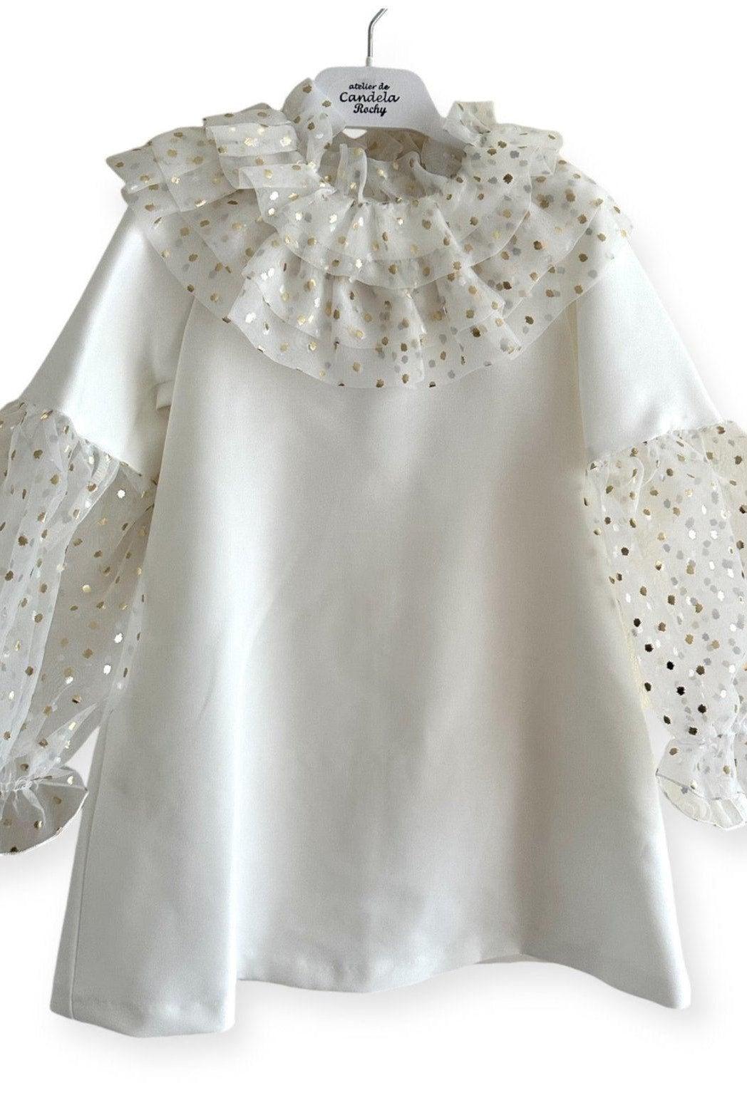 CLEARANCE SALE Rochy - Girls Cream and Gold Glitter Tulle A - Line Dress & Headpiece - Mariposa Children's Boutique