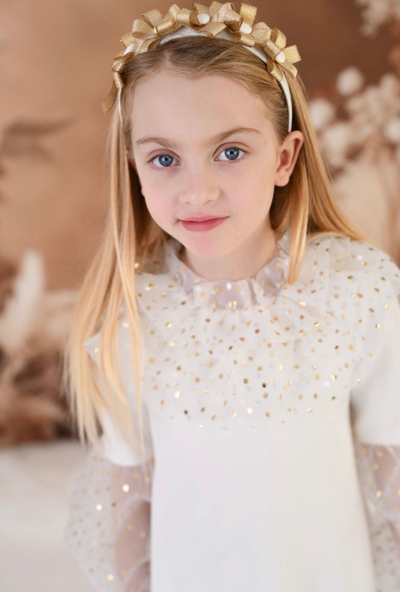CLEARANCE SALE Rochy - Girls Cream and Gold Glitter Tulle A - Line Dress & Headpiece - Mariposa Children's Boutique