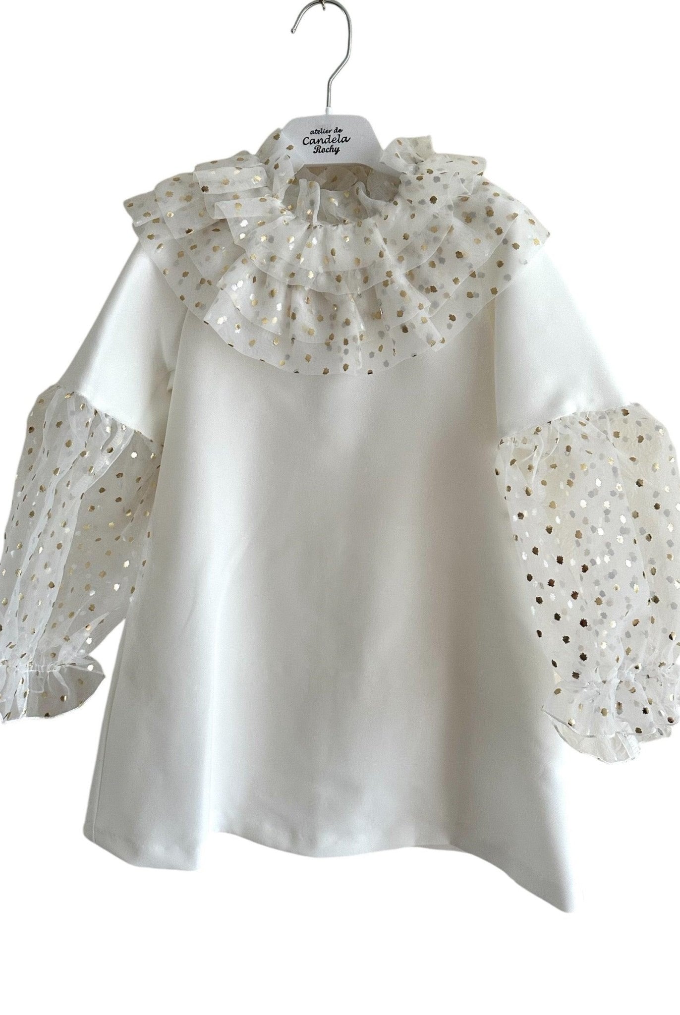 CLEARANCE SALE Rochy - Girls Cream and Gold Glitter Tulle A - Line Dress & Headpiece - Mariposa Children's Boutique