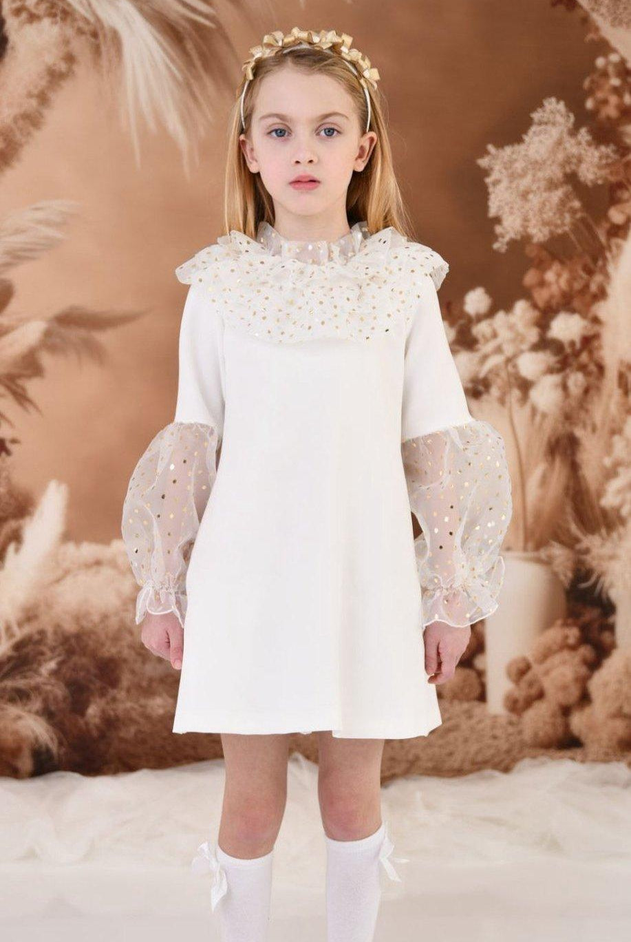 CLEARANCE SALE Rochy - Girls Cream and Gold Glitter Tulle A - Line Dress & Headpiece - Mariposa Children's Boutique