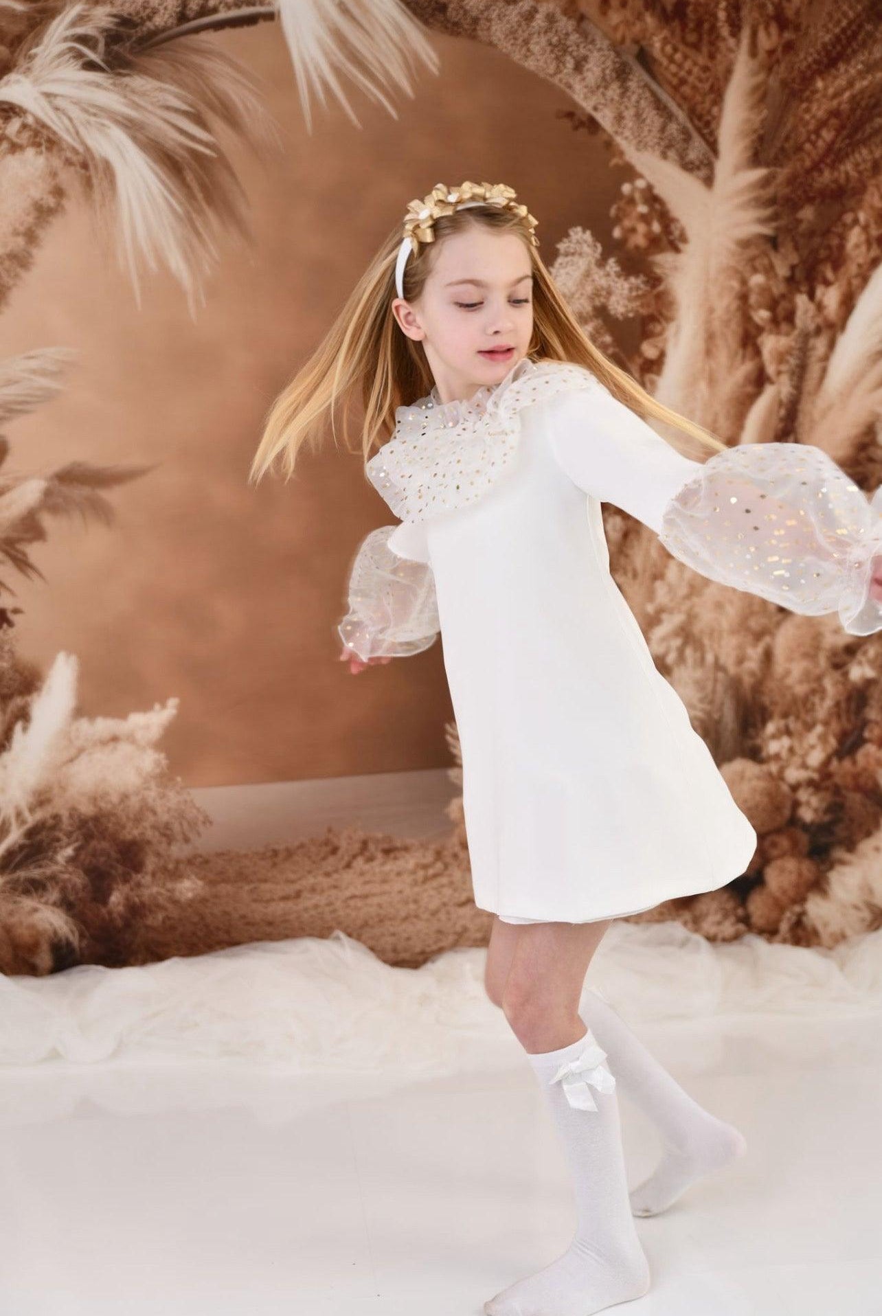 CLEARANCE SALE Rochy - Girls Cream and Gold Glitter Tulle A - Line Dress & Headpiece - Mariposa Children's Boutique