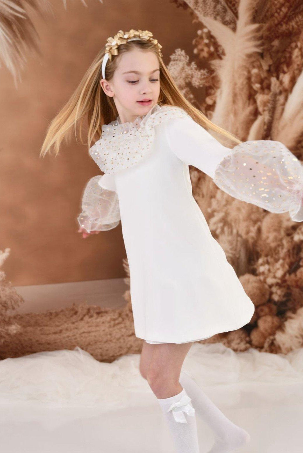 CLEARANCE SALE Rochy - Girls Cream and Gold Glitter Tulle A - Line Dress & Headpiece - Mariposa Children's Boutique