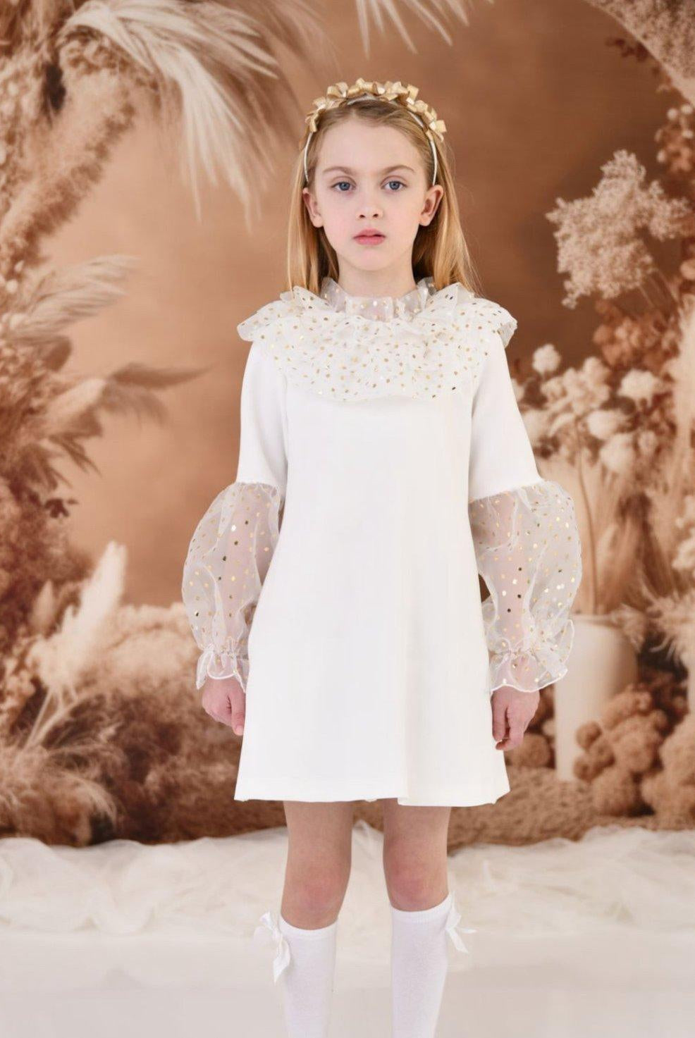 CLEARANCE SALE Rochy - Girls Cream and Gold Glitter Tulle A - Line Dress & Headpiece - Mariposa Children's Boutique
