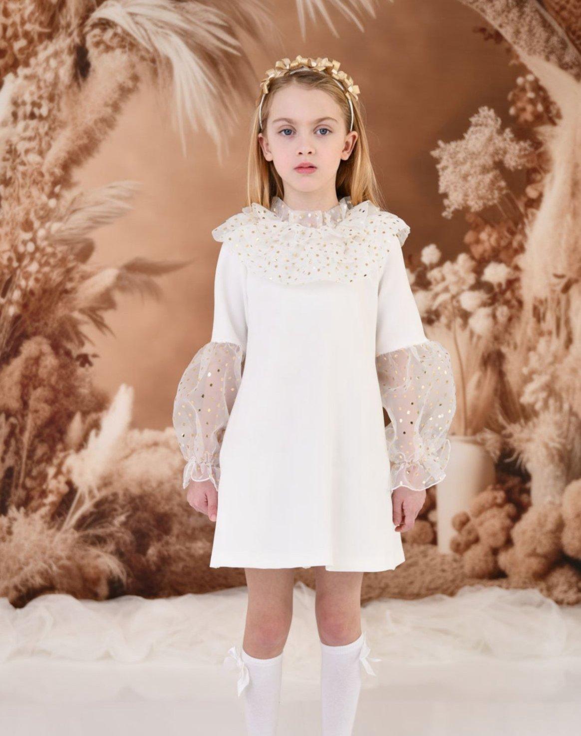 CLEARANCE SALE Rochy - Girls Cream and Gold Glitter Tulle A - Line Dress & Headpiece - Mariposa Children's Boutique