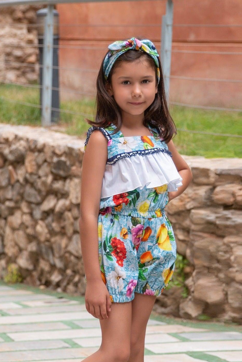 CLEARANCE SALE - Rochy - Girls Floral Lemons Print Ruffle Front Playsuit - Mariposa Children's Boutique