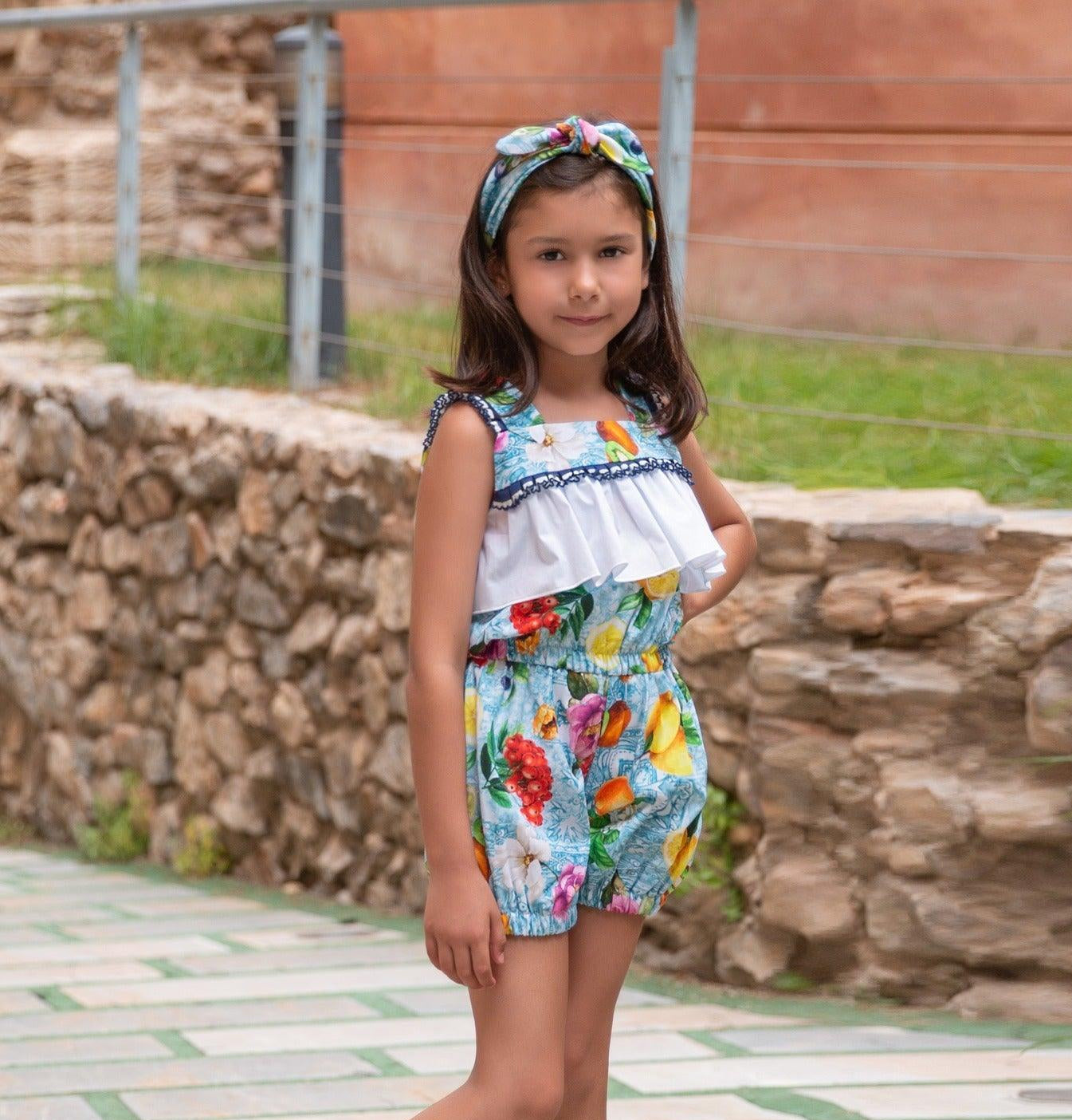 CLEARANCE SALE - Rochy - Girls Floral Lemons Print Ruffle Front Playsuit - Mariposa Children's Boutique