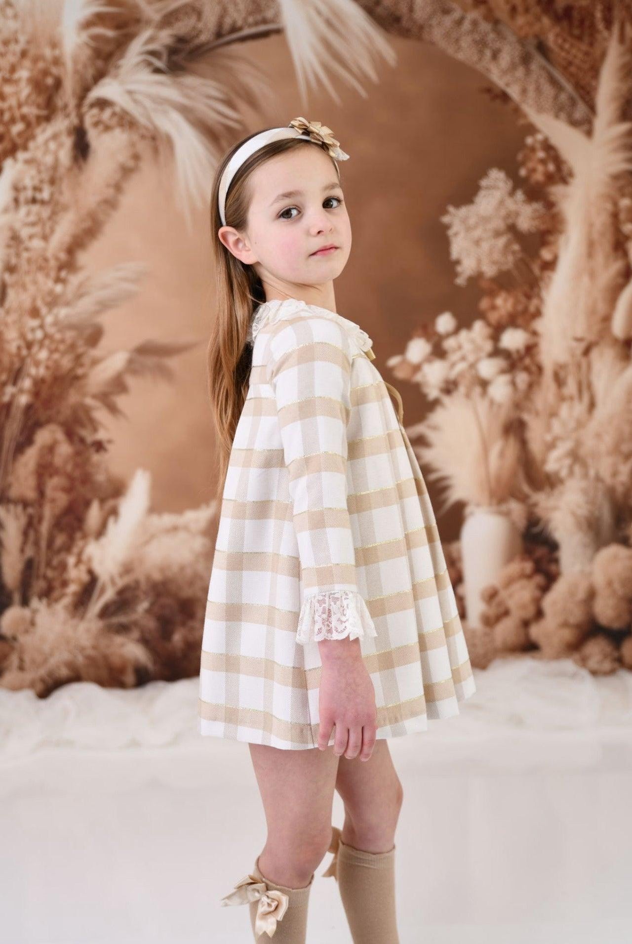 CLEARANCE SALE Rochy - Girls Gold Glitter, Camel and Cream Dress - Mariposa Children's Boutique