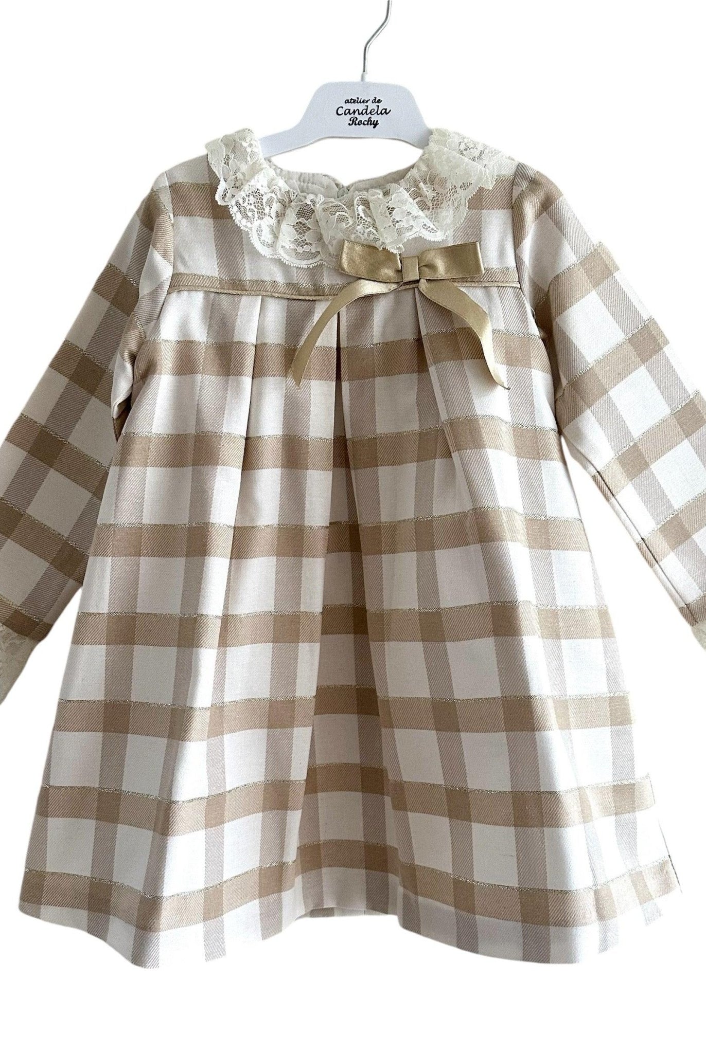 CLEARANCE SALE Rochy - Girls Gold Glitter, Camel and Cream Dress - Mariposa Children's Boutique