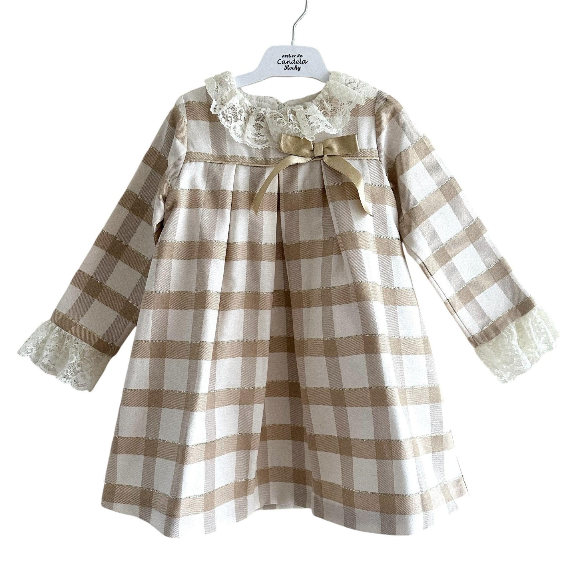 CLEARANCE SALE Rochy - Girls Gold Glitter, Camel and Cream Dress - Mariposa Children's Boutique