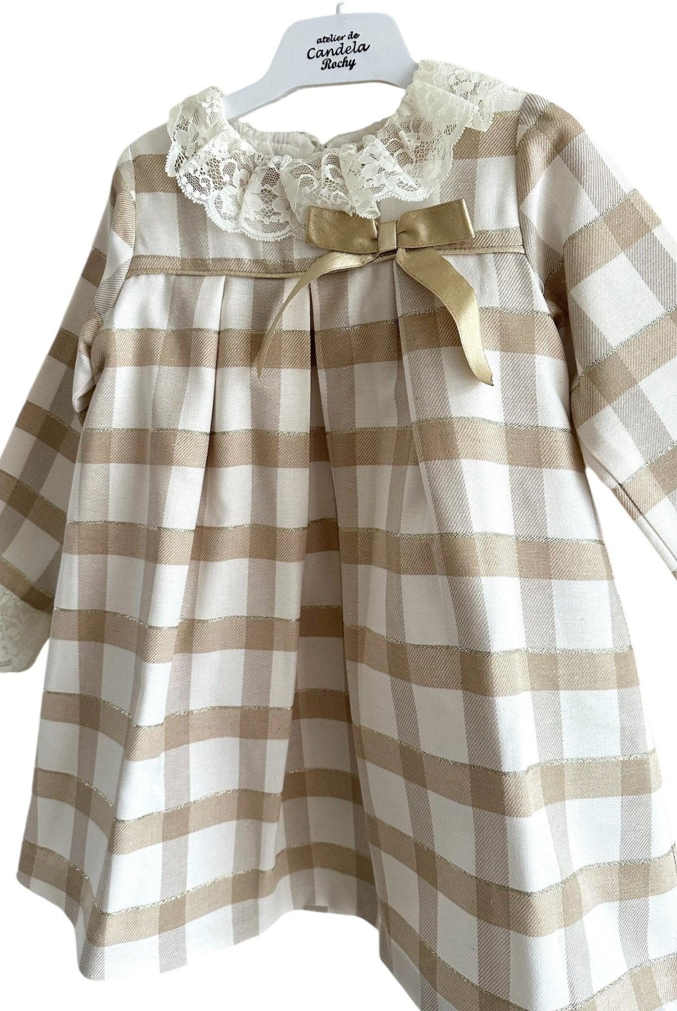 CLEARANCE SALE Rochy - Girls Gold Glitter, Camel and Cream Dress - Mariposa Children's Boutique
