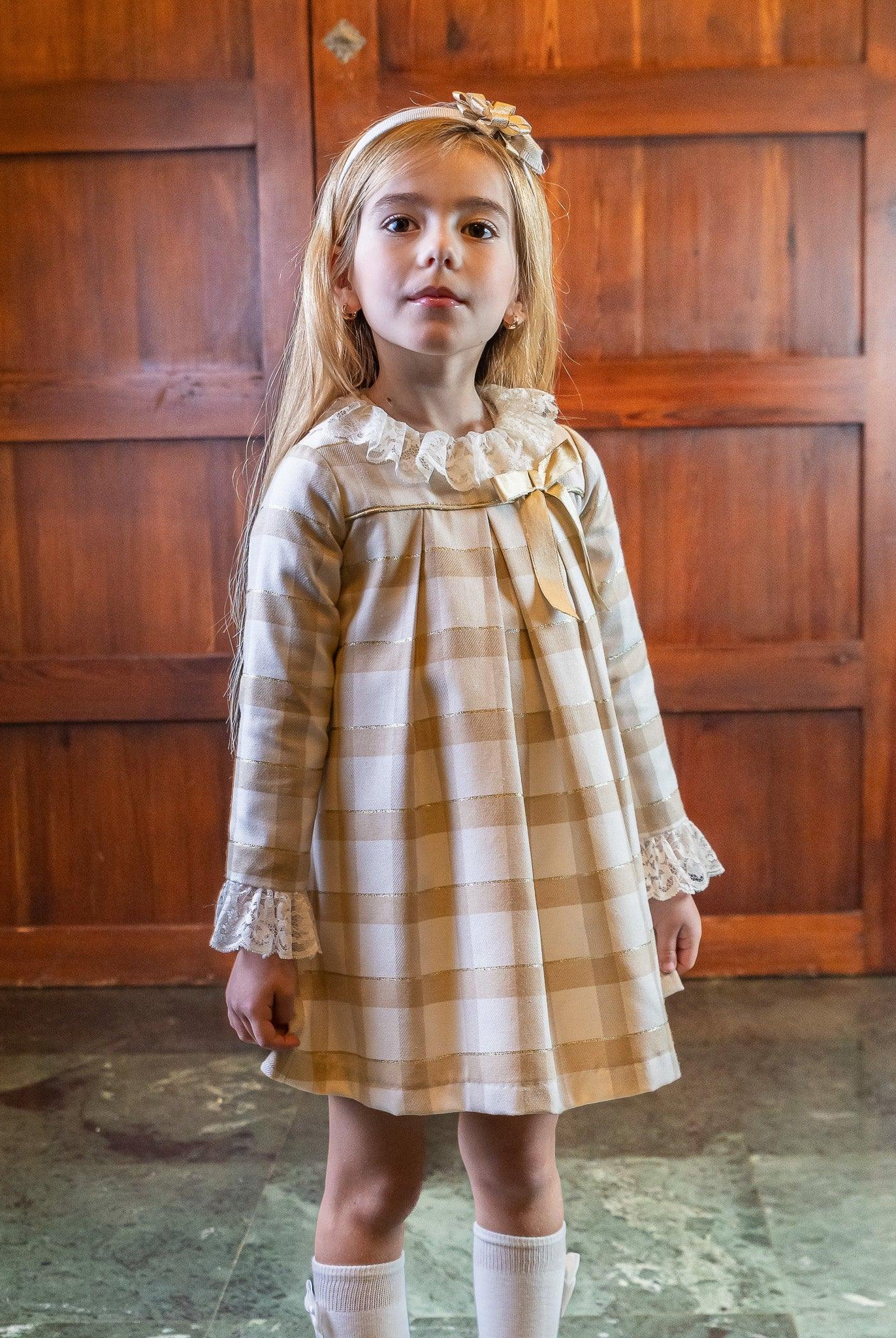 CLEARANCE SALE Rochy - Girls Gold Glitter, Camel and Cream Dress - Mariposa Children's Boutique