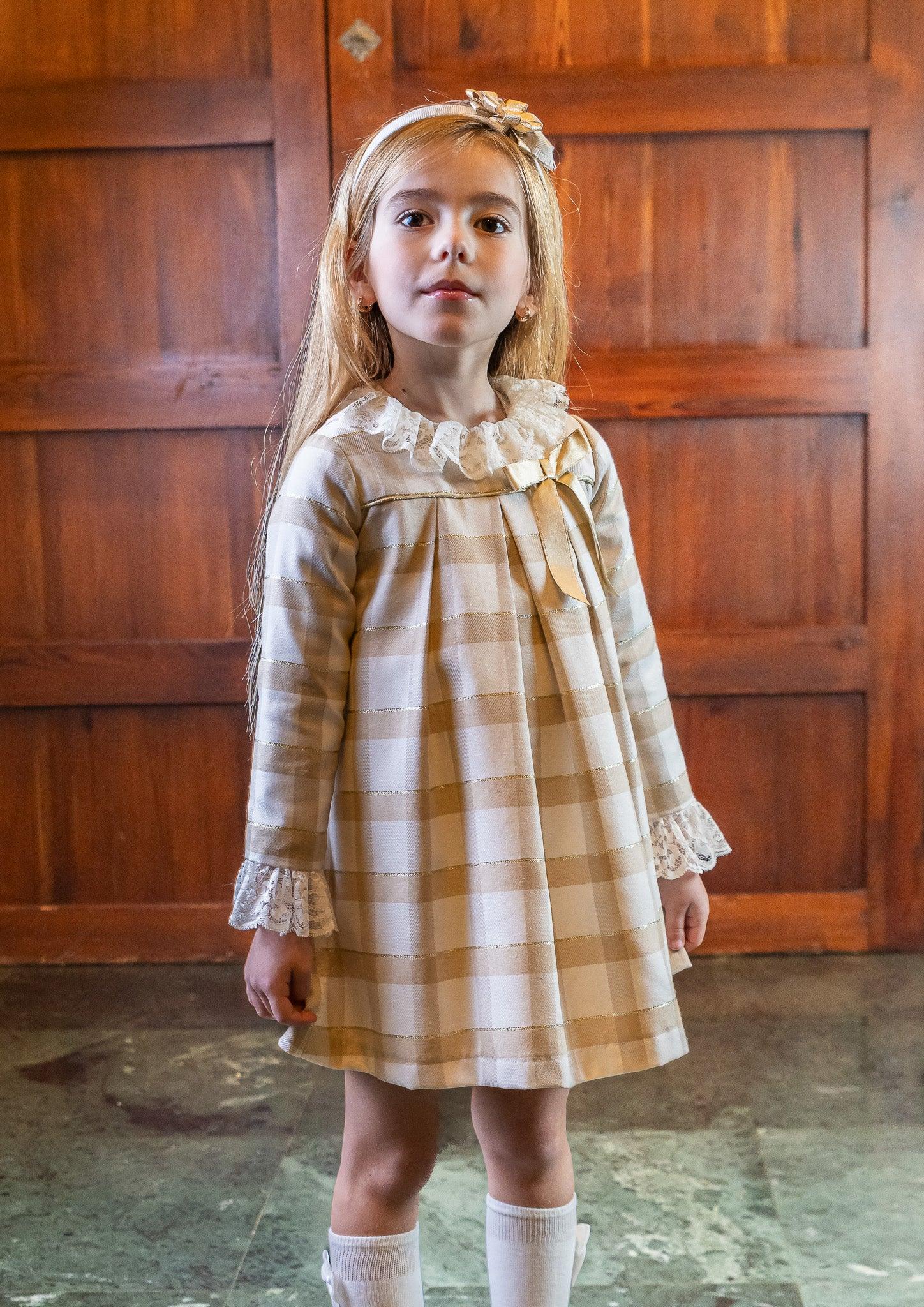 CLEARANCE SALE Rochy - Girls Gold Glitter, Camel and Cream Dress - Mariposa Children's Boutique