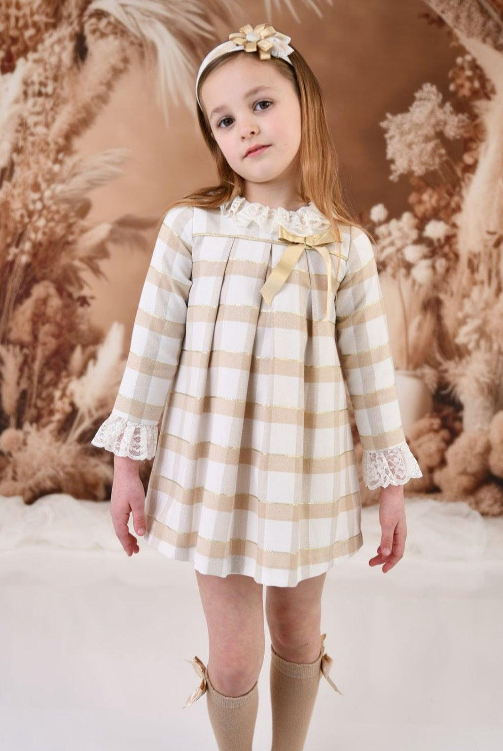 CLEARANCE SALE Rochy - Girls Gold Glitter, Camel and Cream Dress - Mariposa Children's Boutique