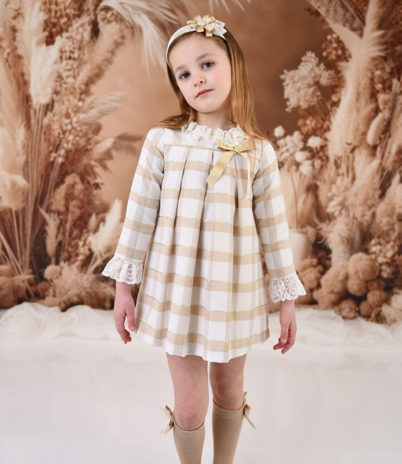 CLEARANCE SALE Rochy - Girls Gold Glitter, Camel and Cream Dress - Mariposa Children's Boutique