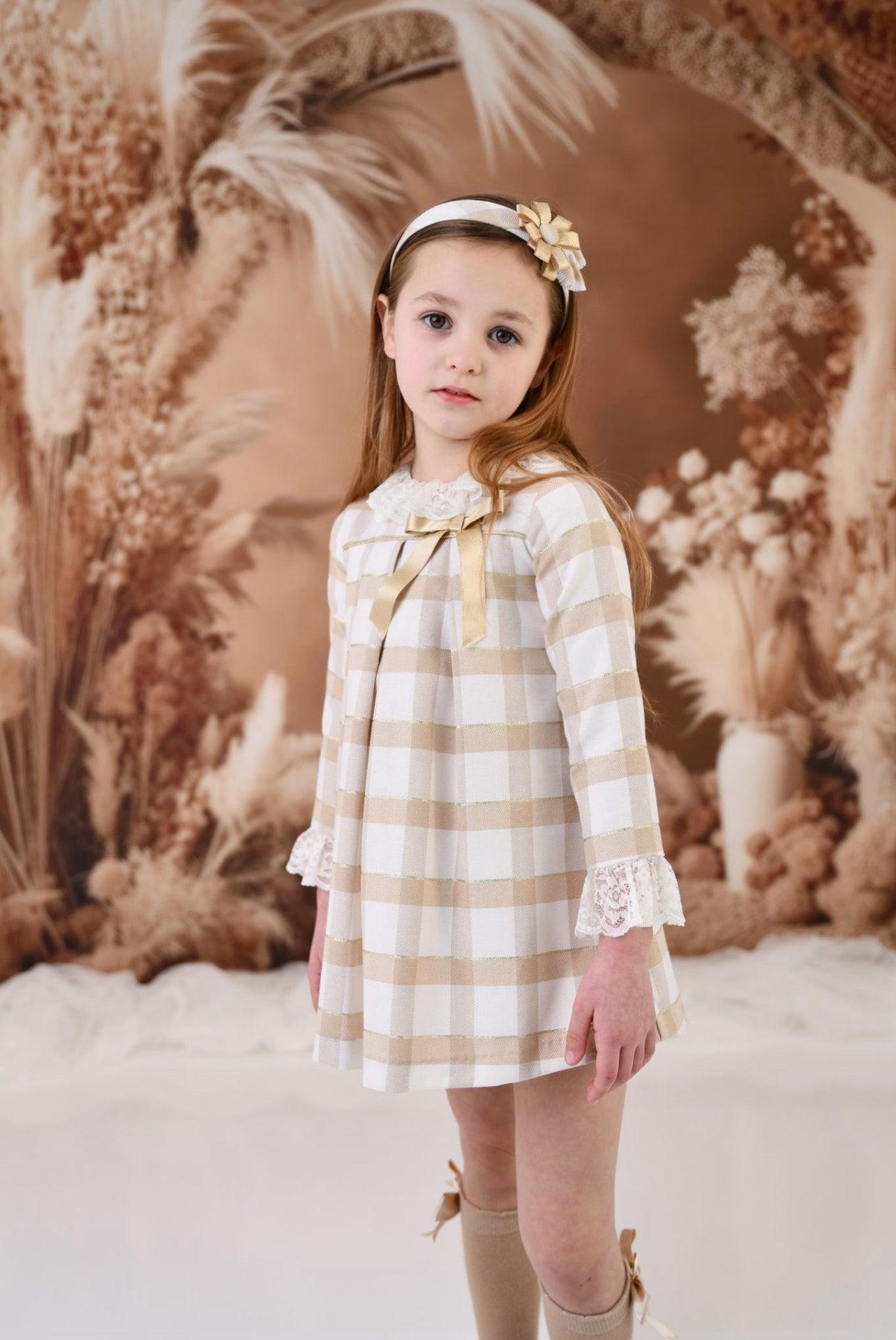 CLEARANCE SALE Rochy - Girls Gold Glitter, Camel and Cream Dress - Mariposa Children's Boutique