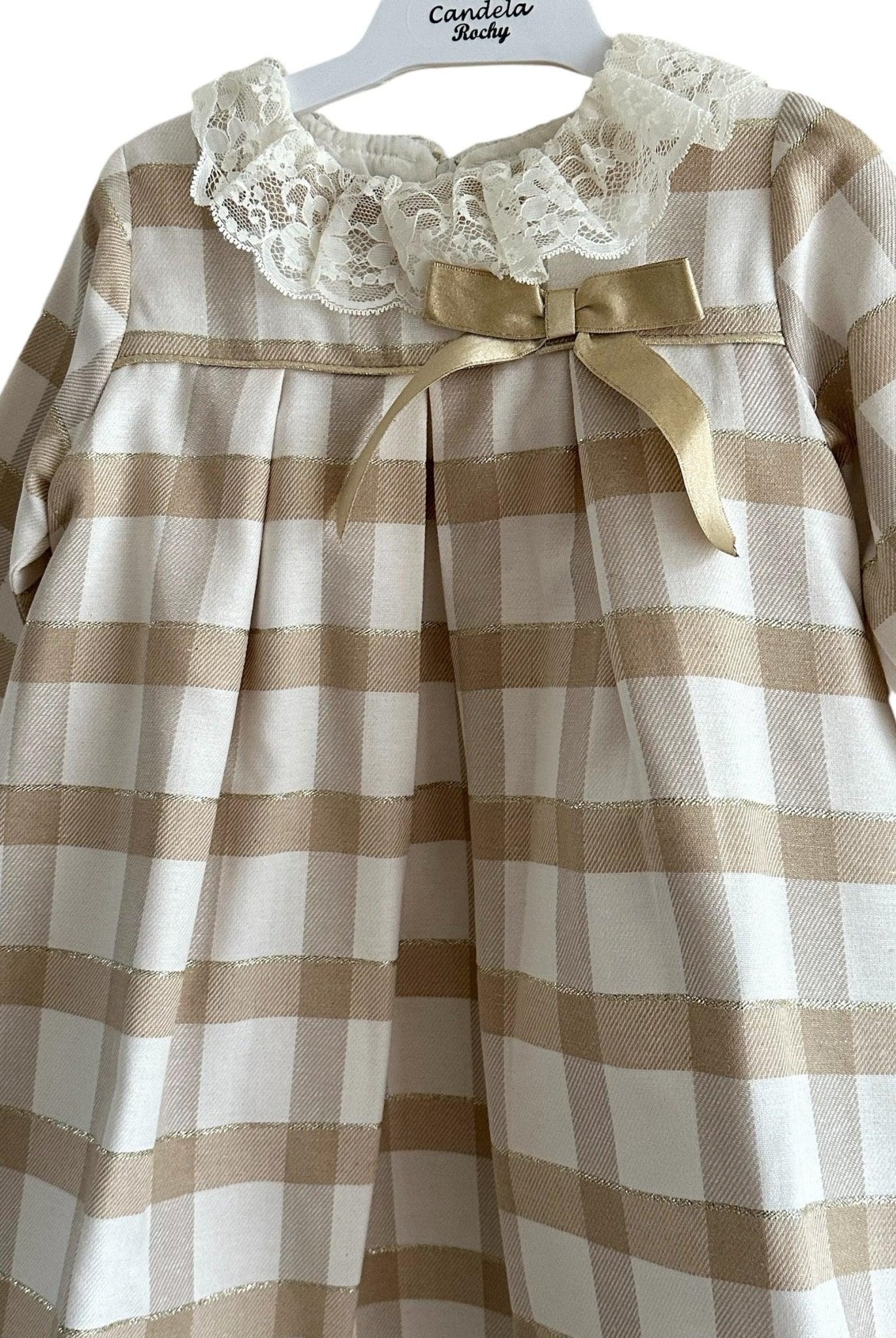 CLEARANCE SALE Rochy - Girls Gold Glitter, Camel and Cream Dress - Mariposa Children's Boutique