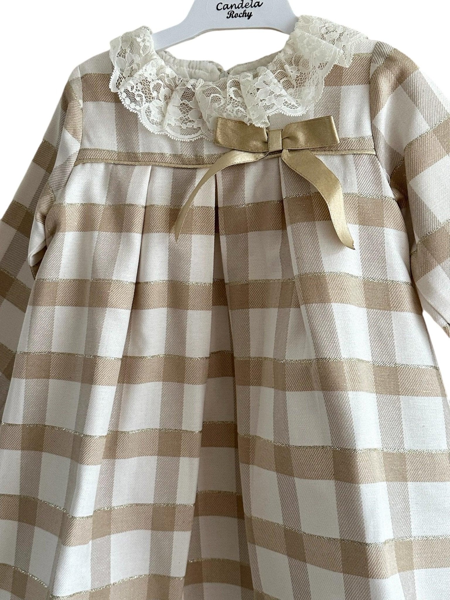 CLEARANCE SALE Rochy - Girls Gold Glitter, Camel and Cream Dress - Mariposa Children's Boutique