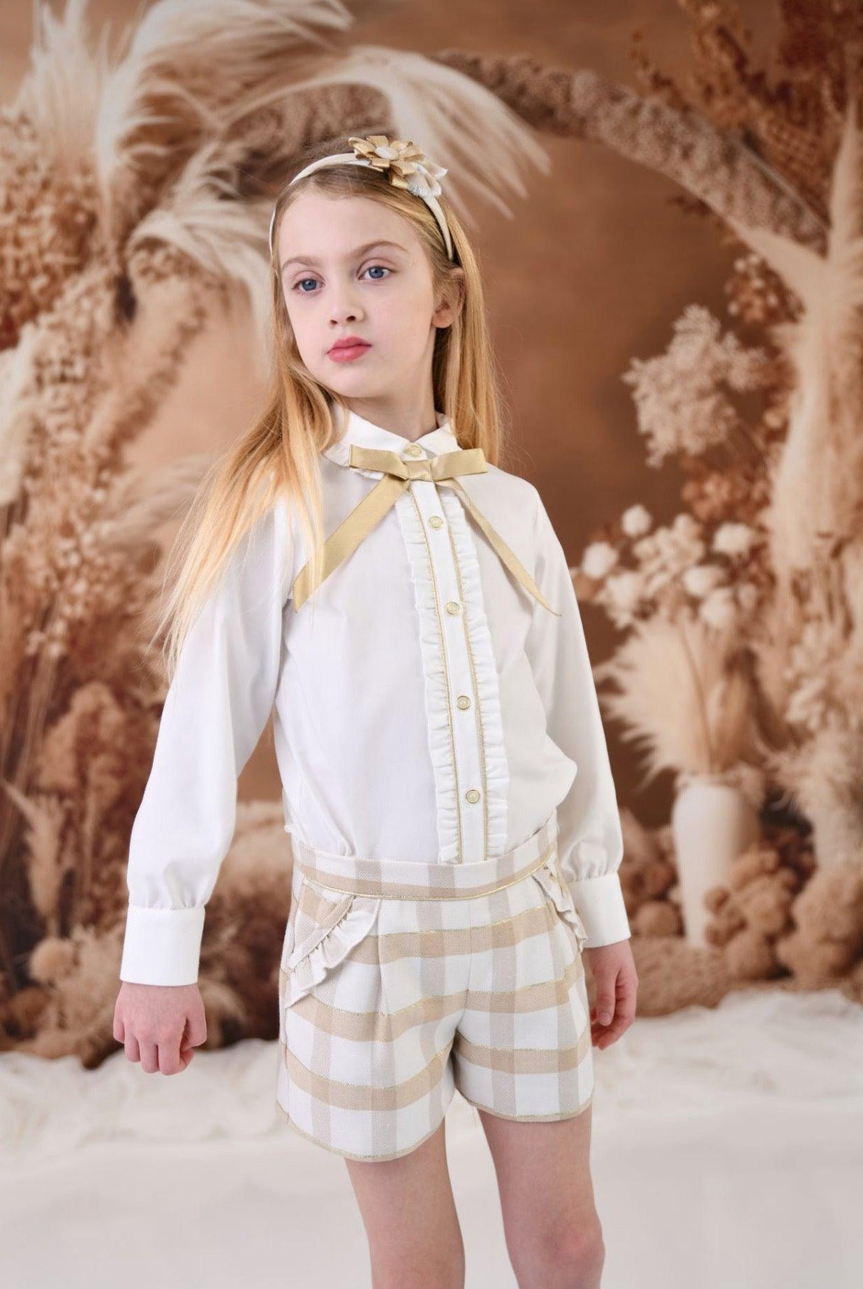 CLEARANCE SALE Rochy - Girls Gold Glitter, Camel and Cream Shorts & Blouse Set - Mariposa Children's Boutique