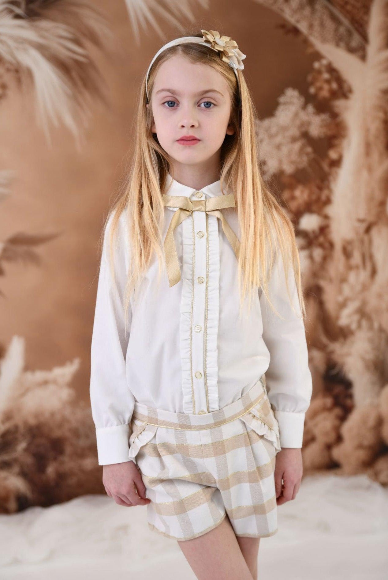 CLEARANCE SALE Rochy - Girls Gold Glitter, Camel and Cream Shorts & Blouse Set - Mariposa Children's Boutique