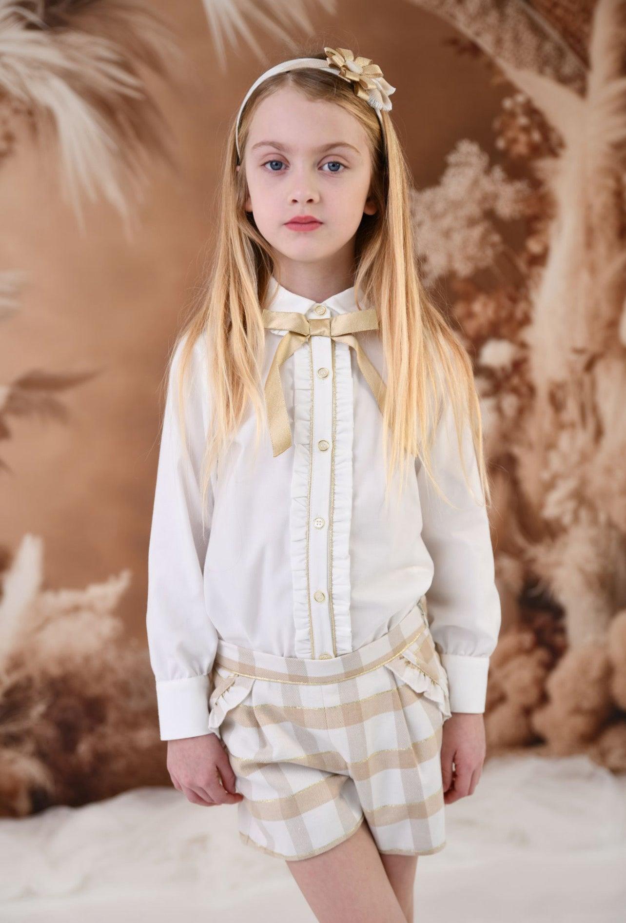 CLEARANCE SALE Rochy - Girls Gold Glitter, Camel and Cream Shorts & Blouse Set - Mariposa Children's Boutique