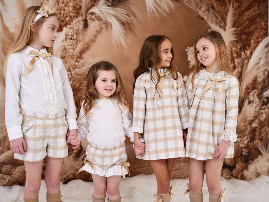 CLEARANCE SALE Rochy - Girls Gold Glitter, Camel and Cream Shorts & Blouse Set - Mariposa Children's Boutique