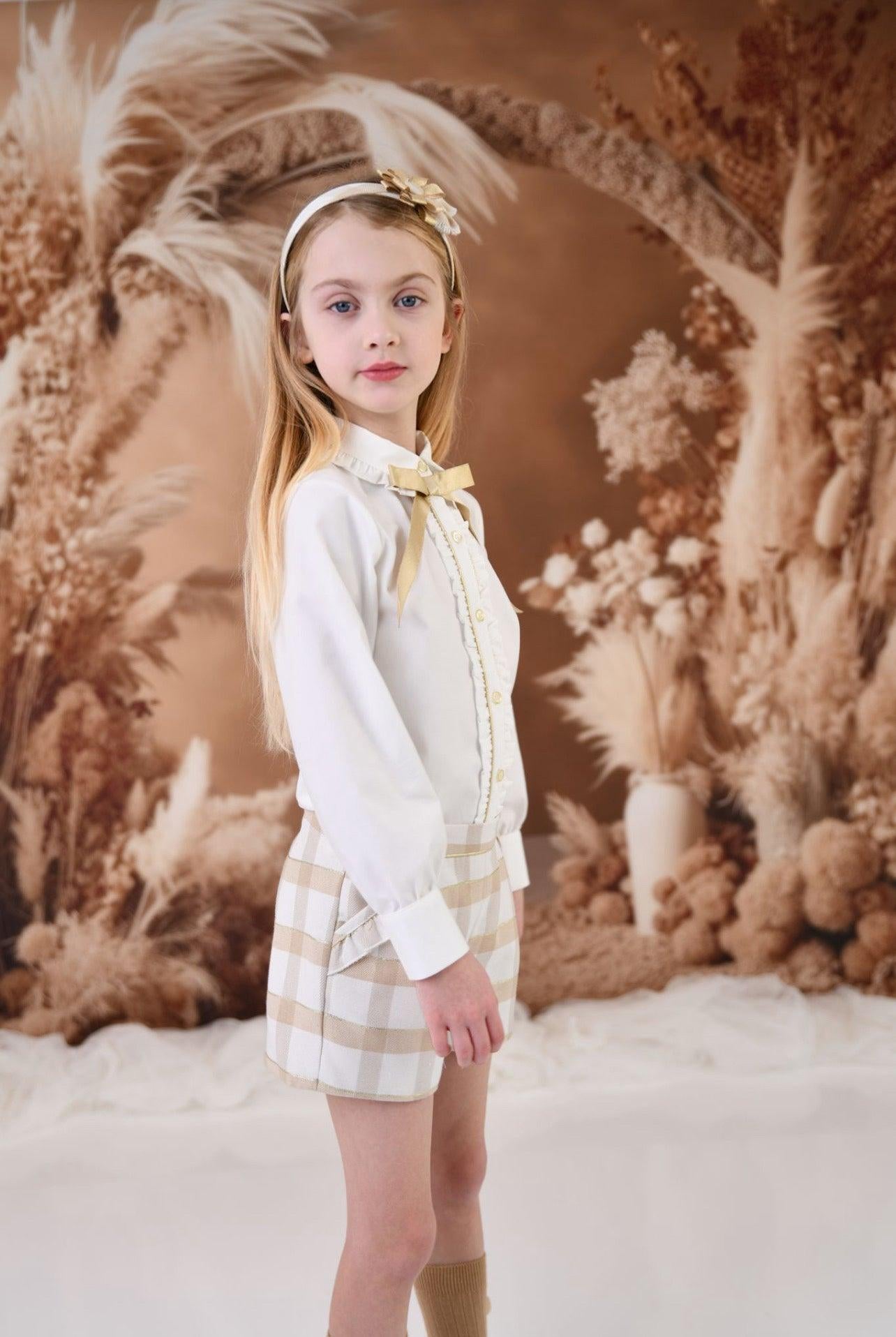 CLEARANCE SALE Rochy - Girls Gold Glitter, Camel and Cream Shorts & Blouse Set - Mariposa Children's Boutique