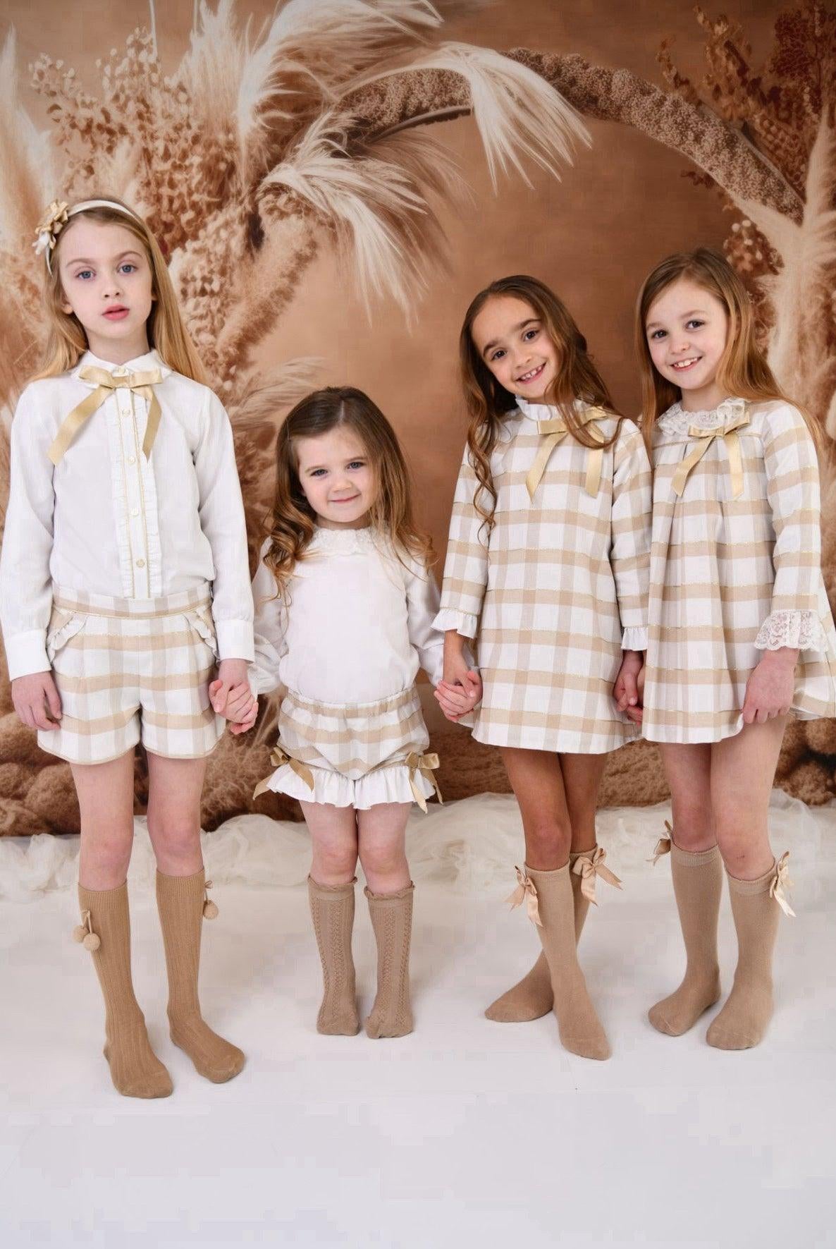 CLEARANCE SALE Rochy - Girls Gold Glitter, Camel and Cream Shorts & Blouse Set - Mariposa Children's Boutique
