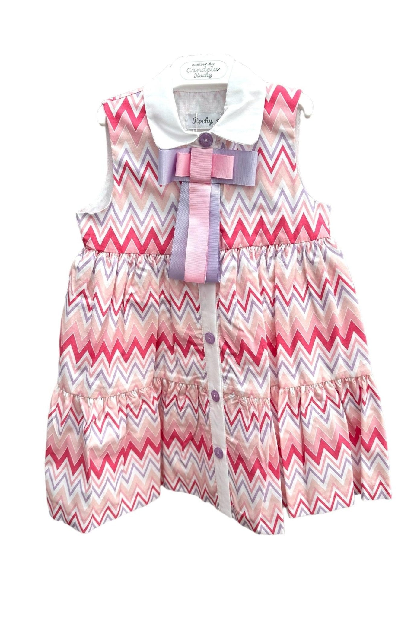 CLEARANCE SALE - Rochy SS24 - Girls Zig Zag White, Lilac and Pink Dress - Mariposa Children's Boutique