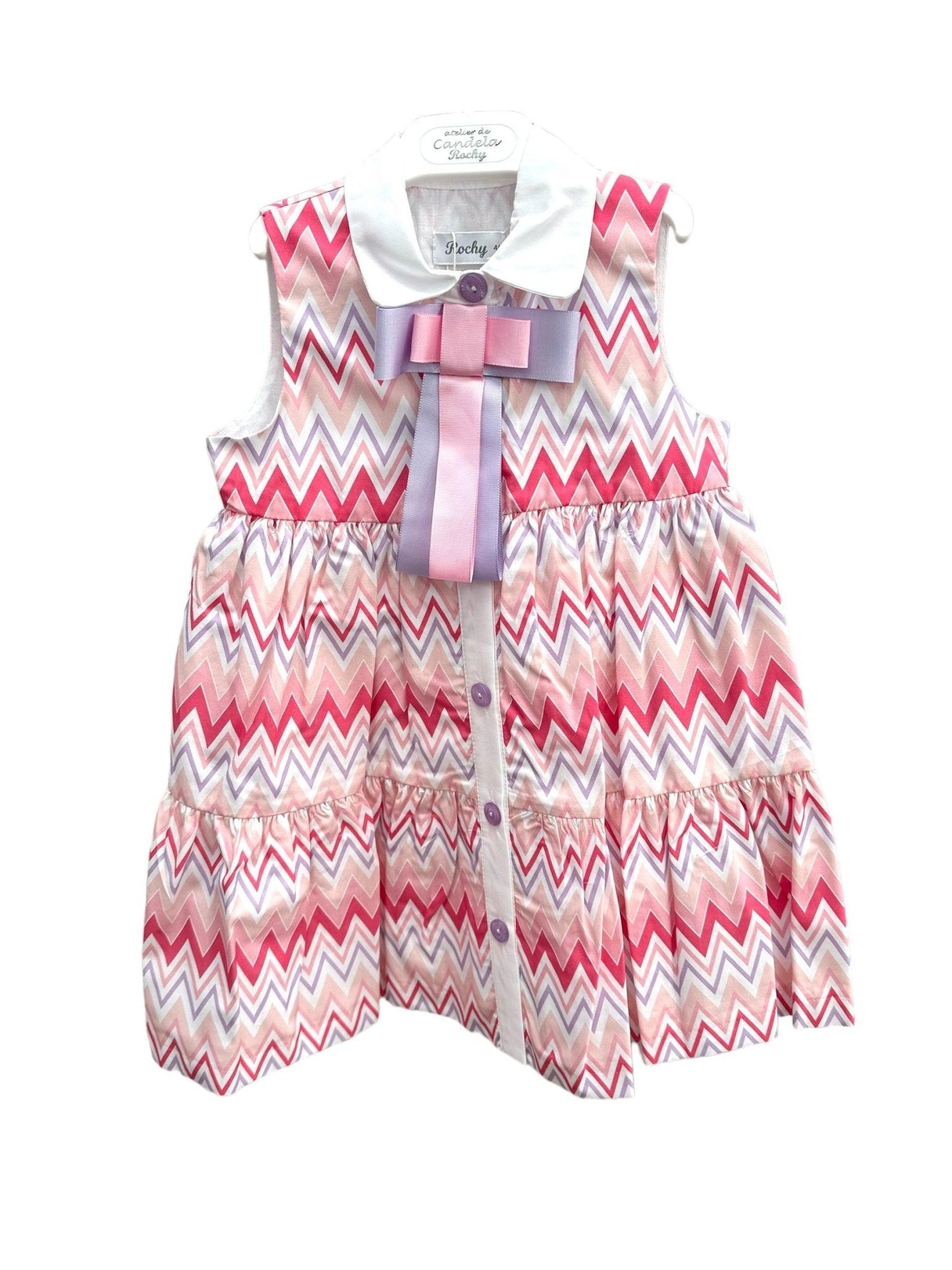 CLEARANCE SALE - Rochy SS24 - Girls Zig Zag White, Lilac and Pink Dress - Mariposa Children's Boutique