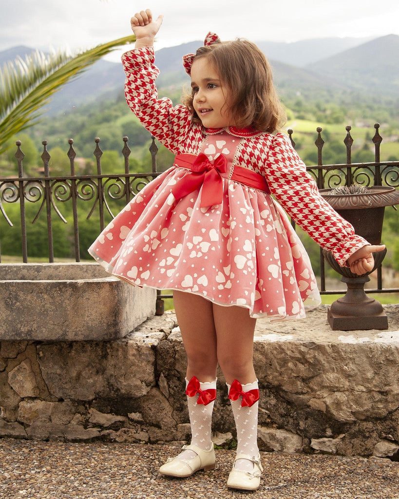 Sonata - Girls Valentines Red & Camel Dogtooth and Hearts Dress IN-STOCK - Mariposa Children's Boutique