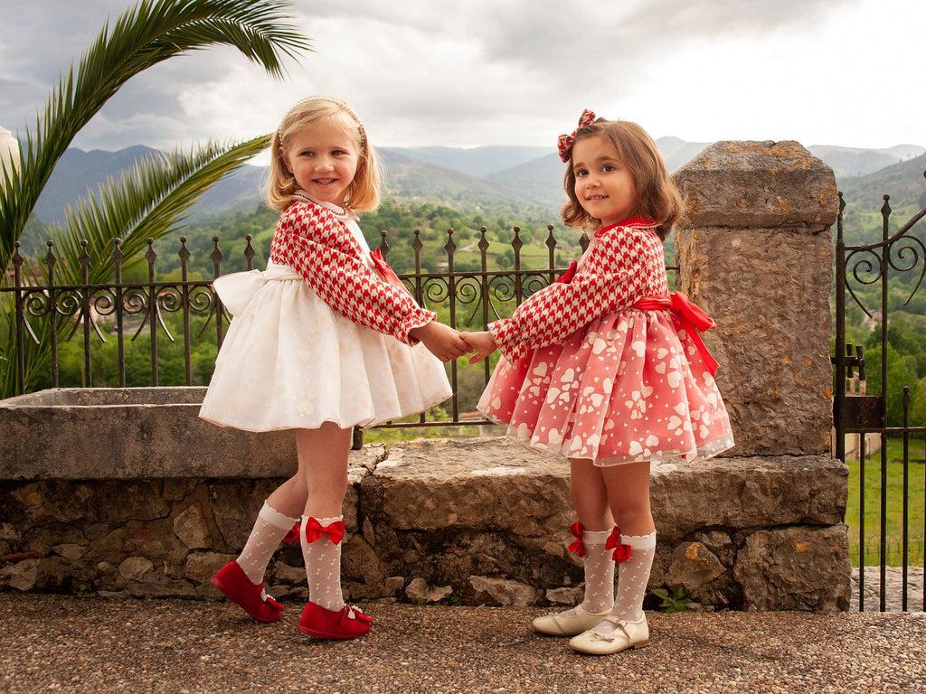 Sonata - Girls Valentines Red & Camel Dogtooth and Hearts Dress IN-STOCK - Mariposa Children's Boutique
