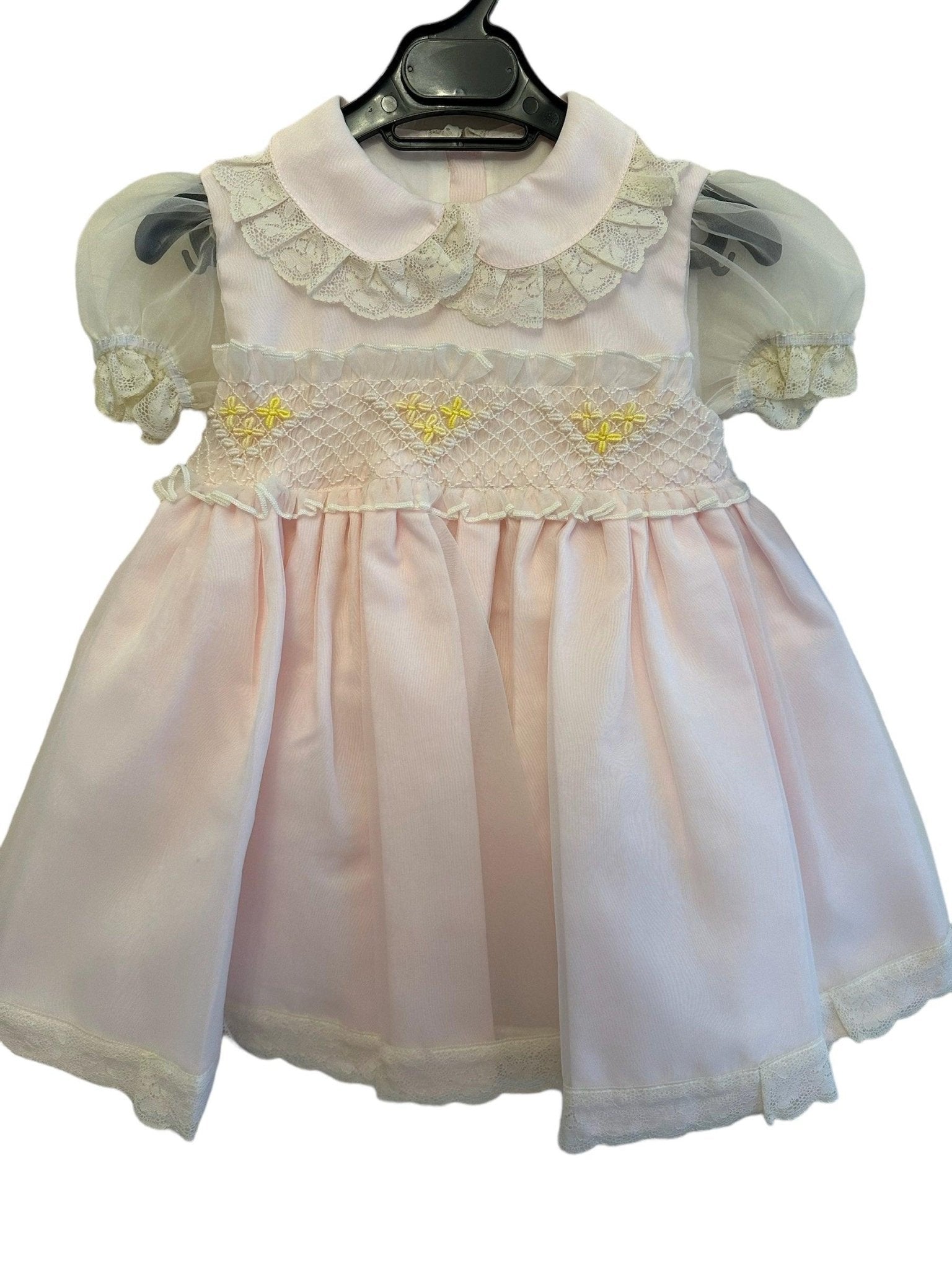 Sonata pink, cream, and lemon smocked dress handmade in Spain