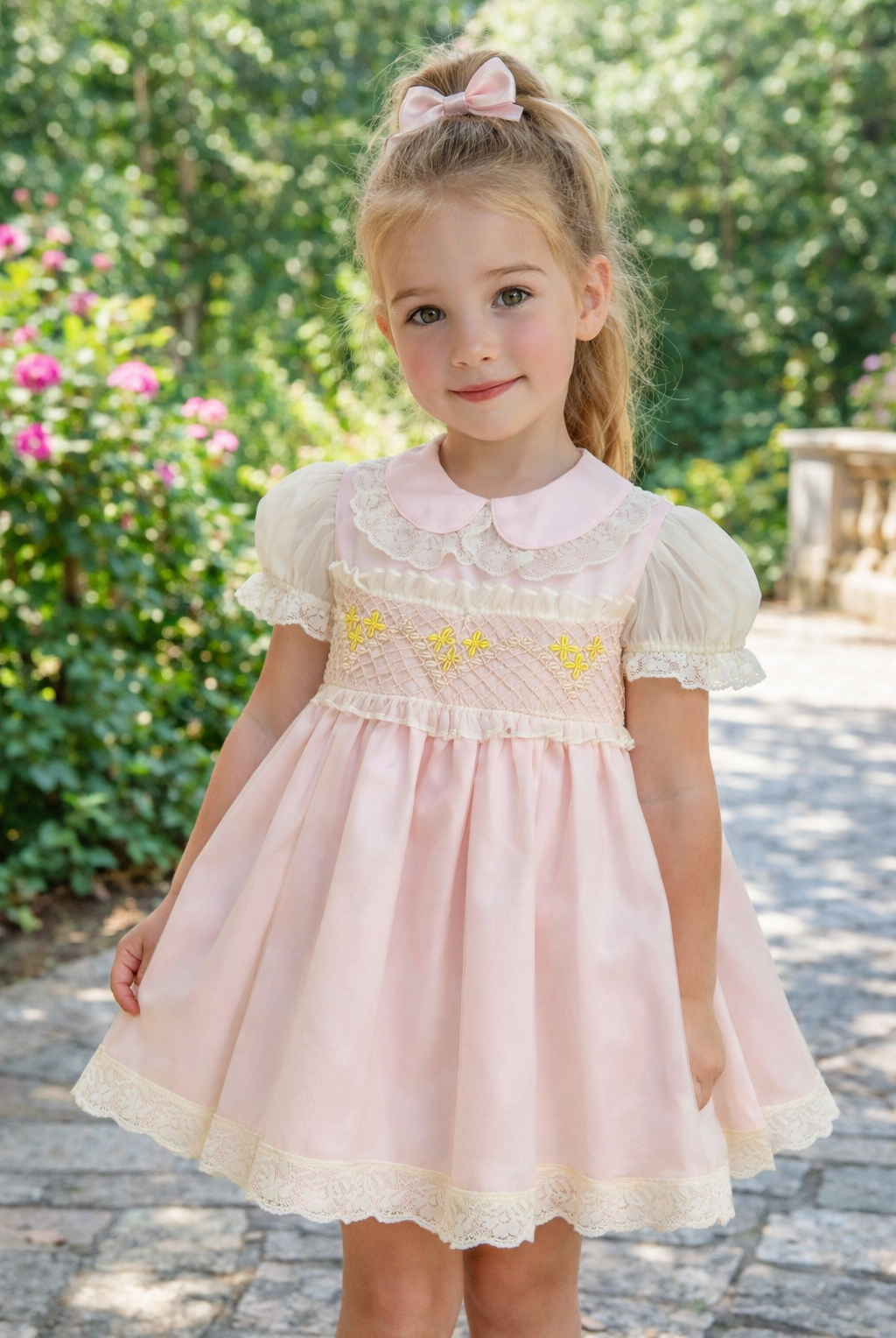Sonata girls baby pink and lemon smocked puffball dress.