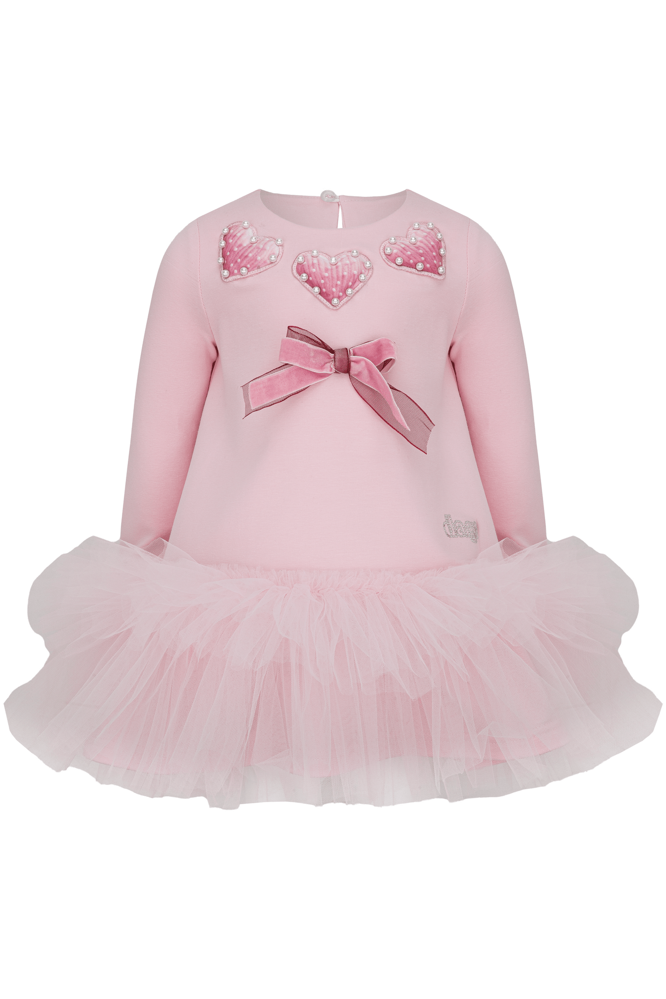 A pink long-sleeve dress featuring a tulle tutu skirt, a pink bow at the center chest, and three pink heart appliqués embellished with pearl-like beads on the upper chest.