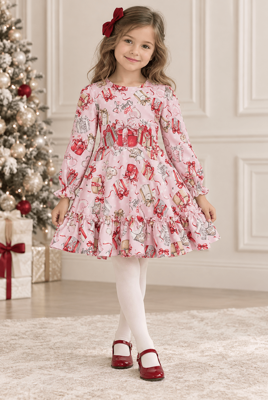 DAGA Girls Pink Christmas Present Print Dress | Clearance Sale