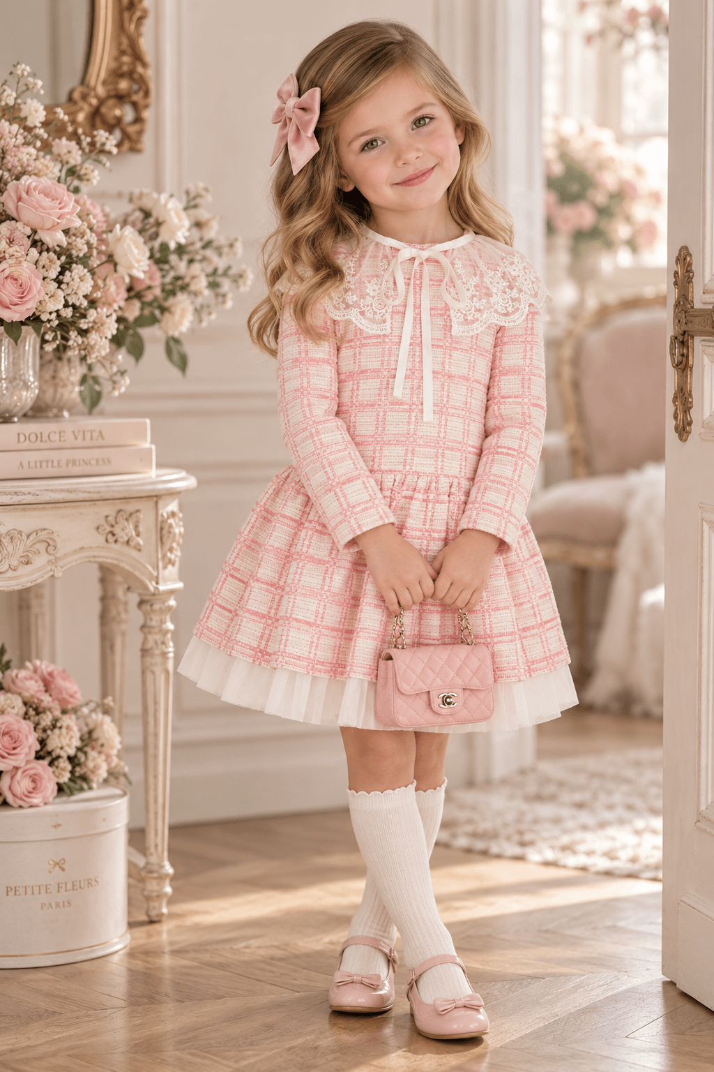 DAGA Girls Pink Tweed-Style Lace Collar Dress | AW26 Age 3-6