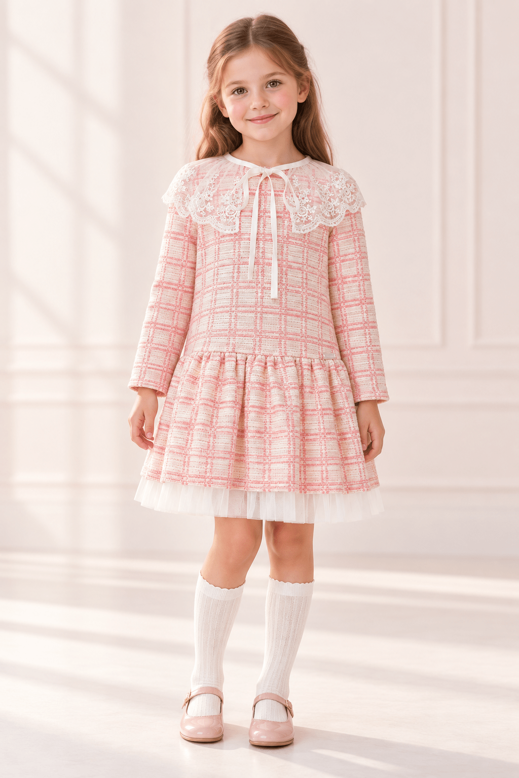 DAGA Girls Pink Tweed-Style Lace Collar Dress | AW26 Age 3-6