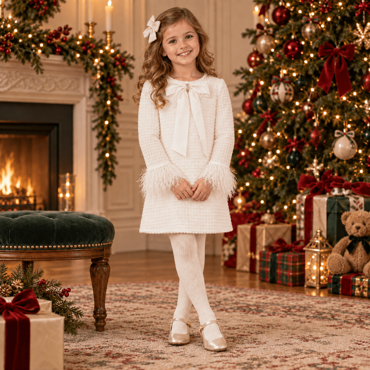 Girls DAGA Ivory Feather detail dress worn by a young girl in a christmas theme decorated living room.