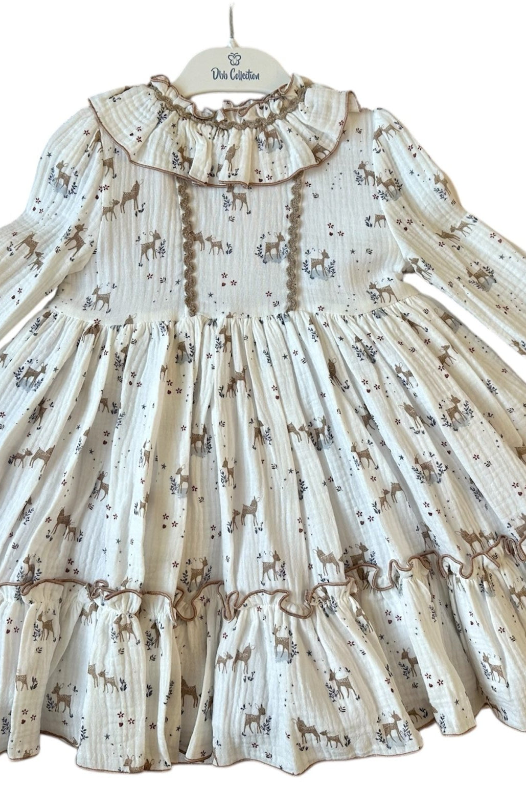 DBB Collection AW25 PRE - ORDER - Girls Deer Print White & Camel Dress