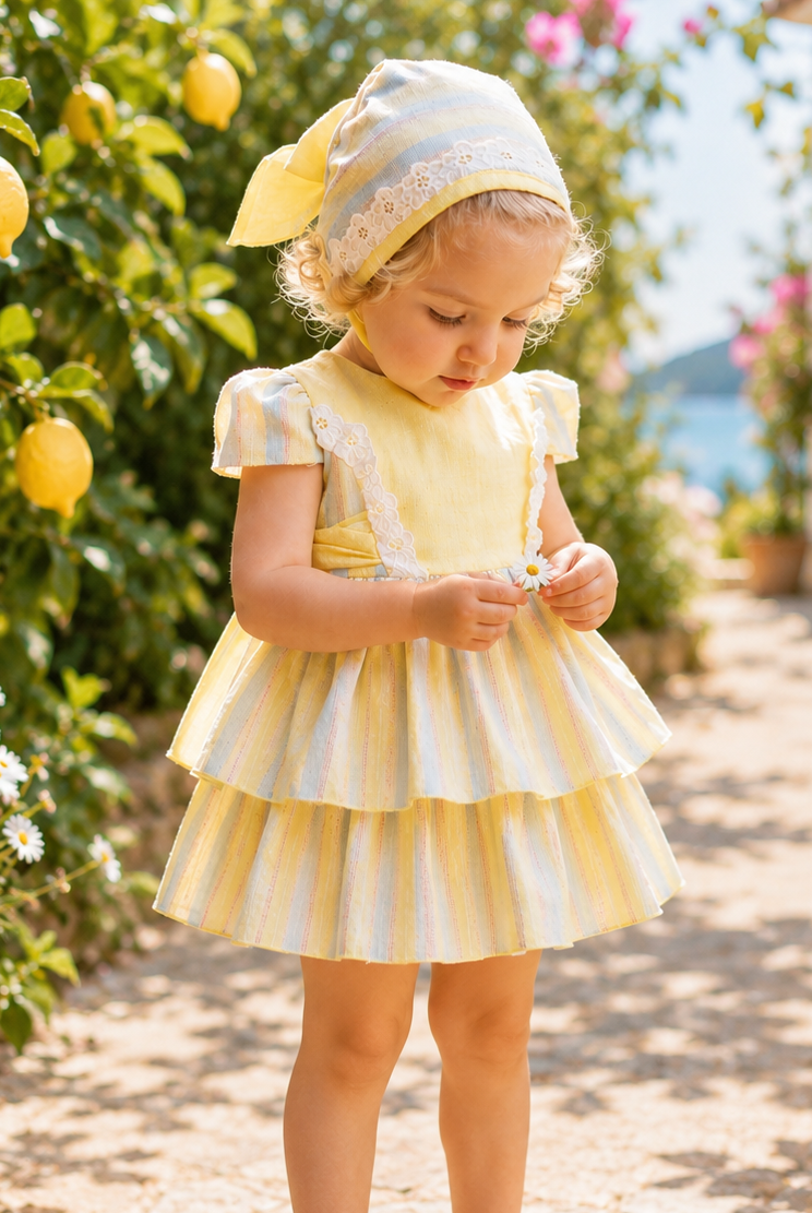 DBB Collection Baby Girls Lemon Stripe Dress, Knickers & Bonnet Set | SS26