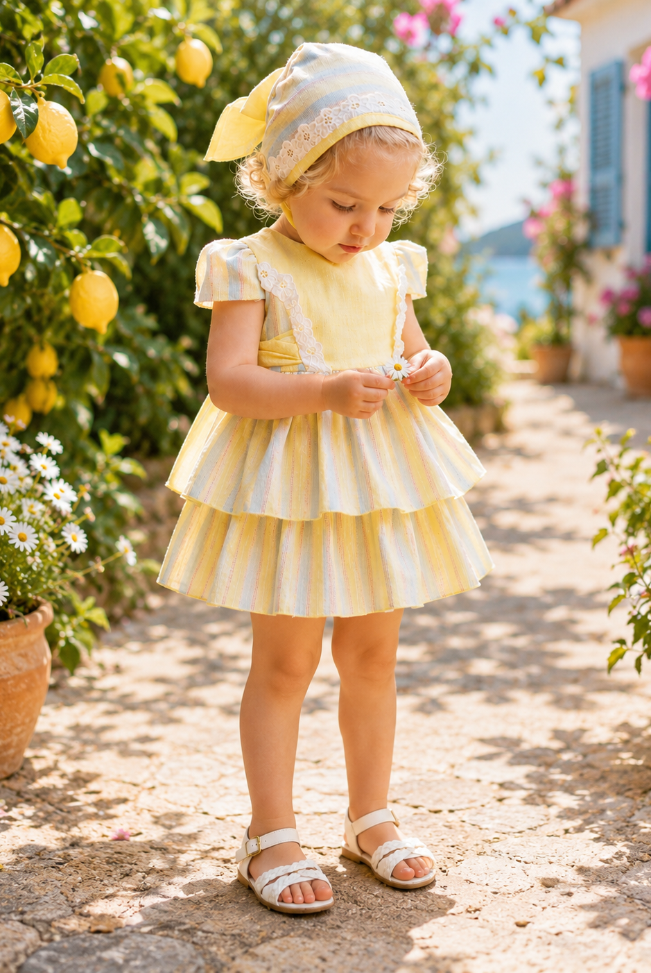 DBB Collection Baby Girls Lemon Stripe Dress, Knickers & Bonnet Set | SS26